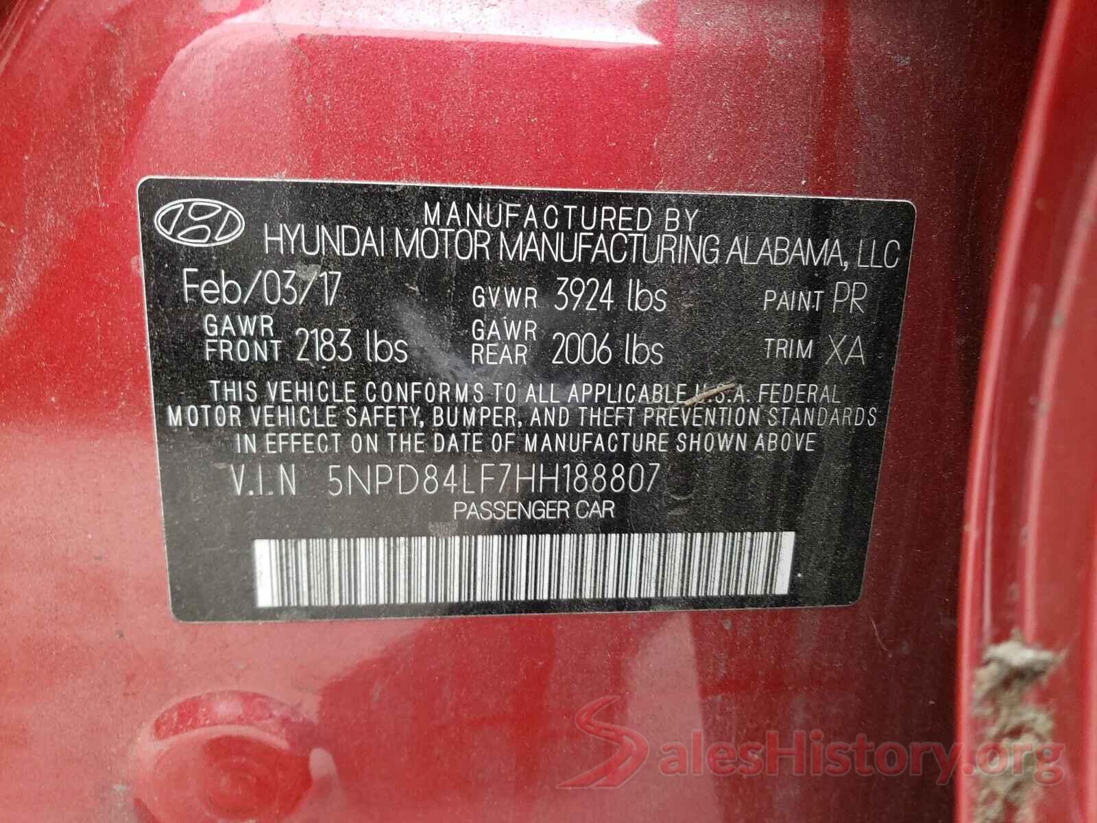 5NPD84LF7HH188807 2017 HYUNDAI ELANTRA