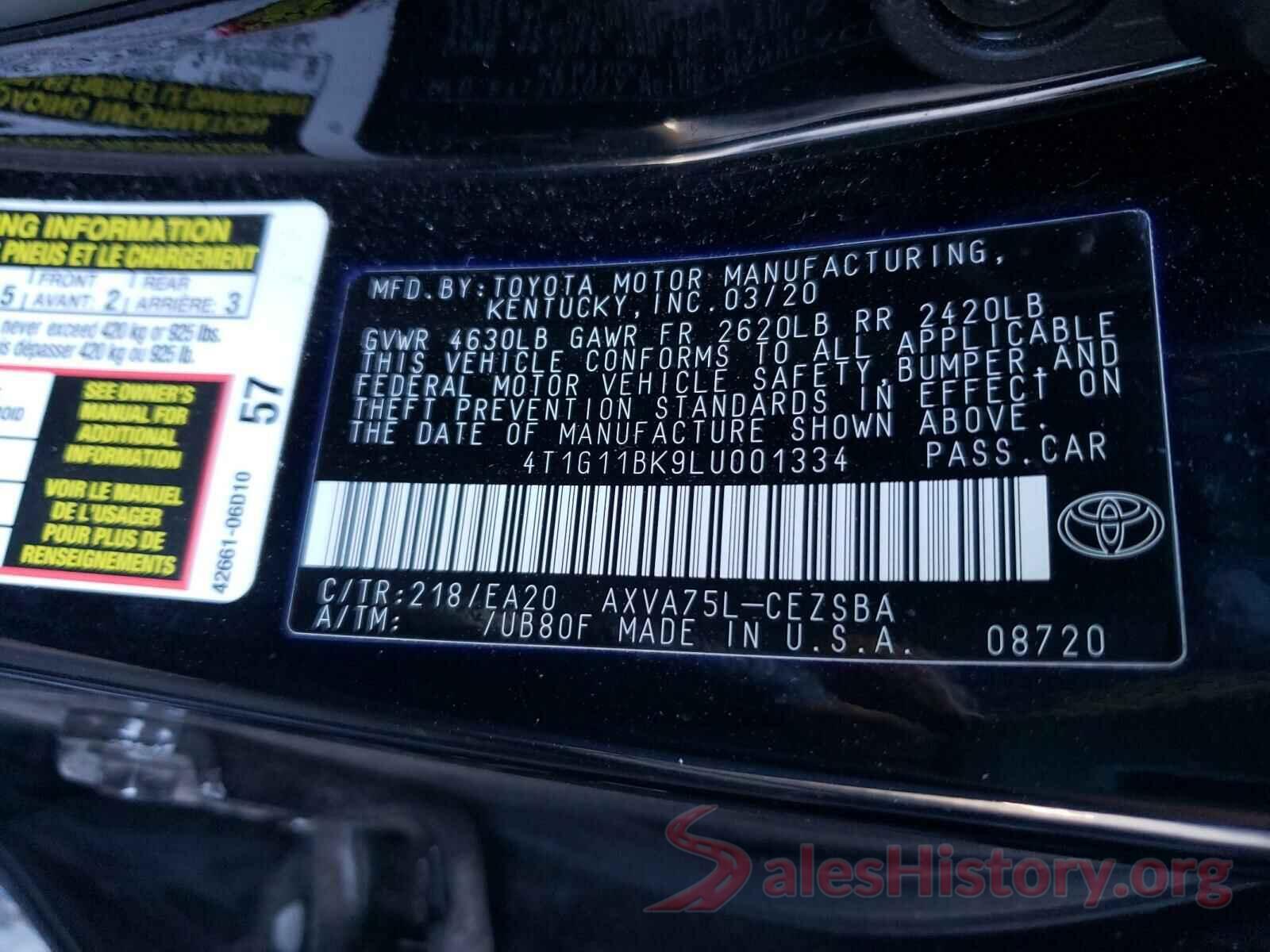 4T1G11BK9LU001334 2020 TOYOTA CAMRY