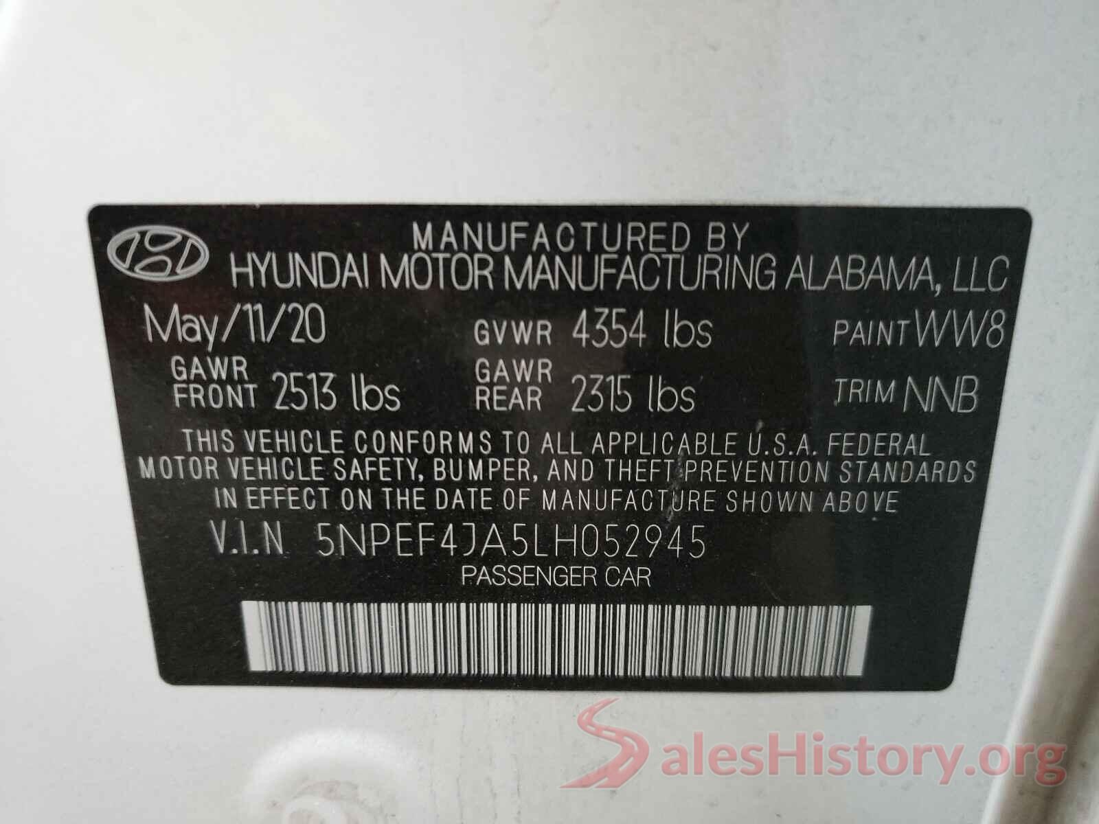 5NPEF4JA5LH052945 2020 HYUNDAI SONATA