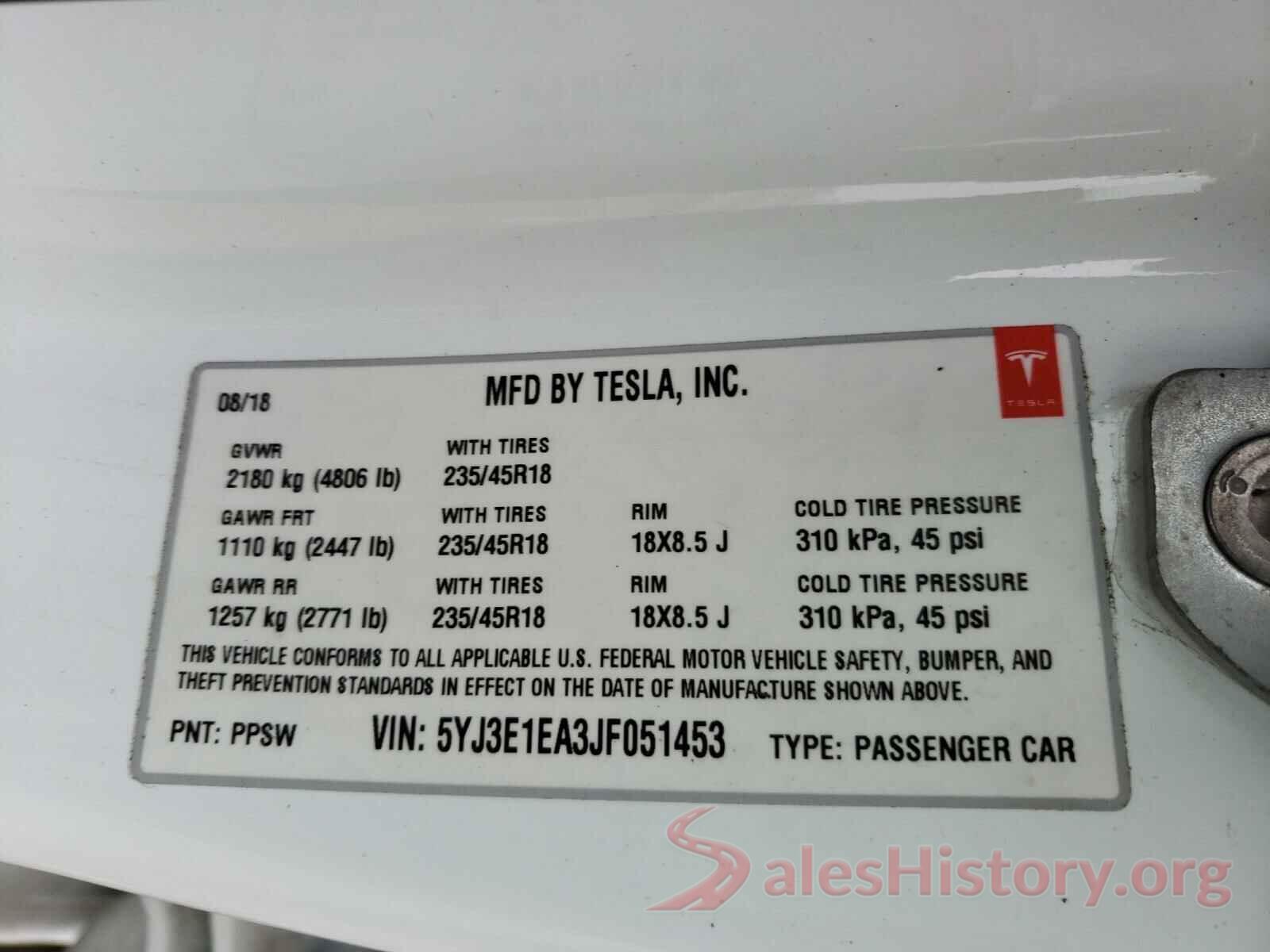 5YJ3E1EA3JF051453 2018 TESLA MODEL 3