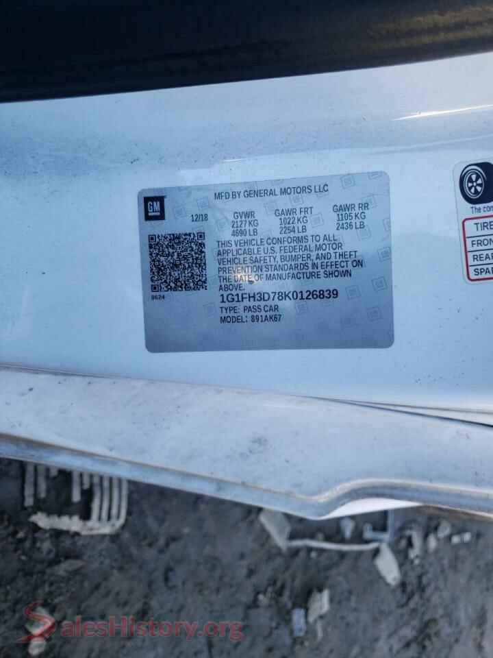 2019 CHEVROLET CAMARO VIN 1G1FH3D78K0126839, odometer mileage