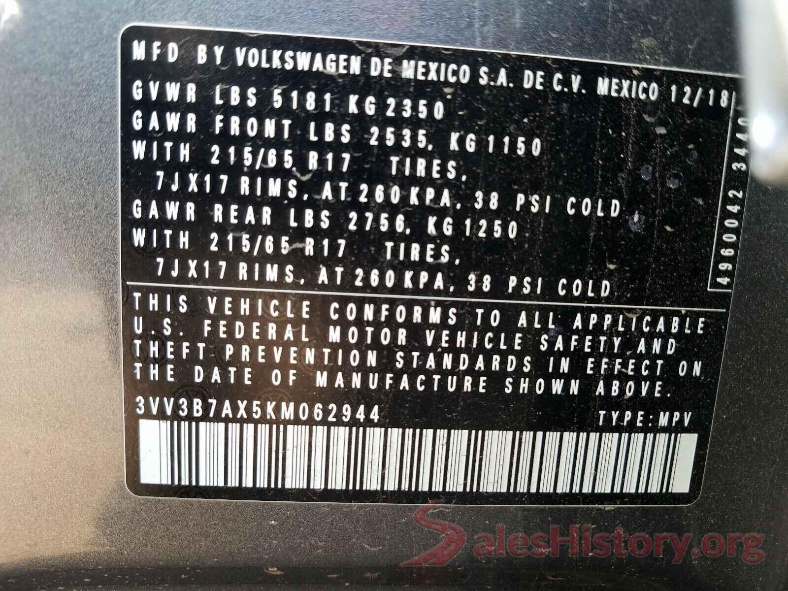 3VV3B7AX5KM062944 2019 VOLKSWAGEN TIGUAN