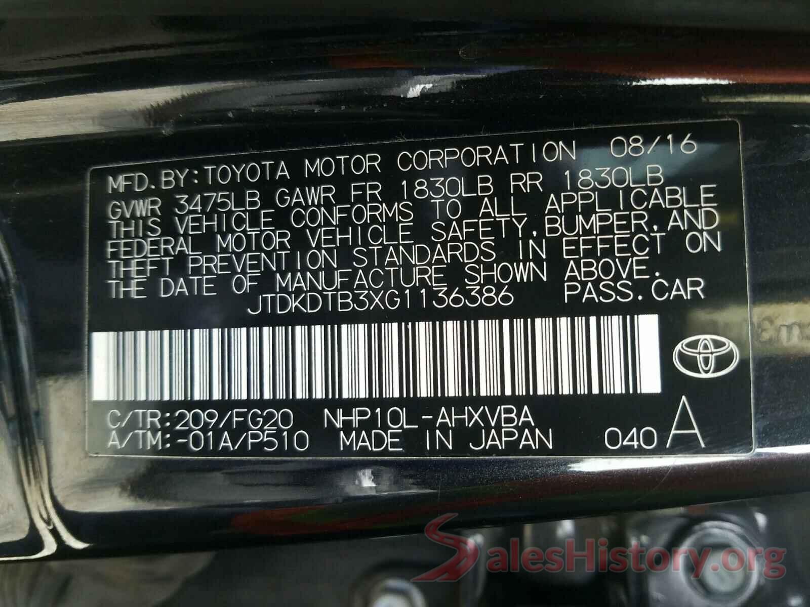 JTDKDTB3XG1136386 2016 TOYOTA PRIUS