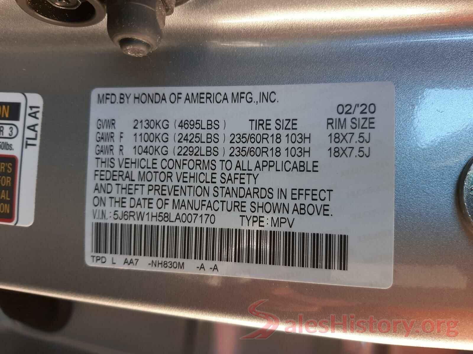 5J6RW1H58LA007170 2020 HONDA CRV