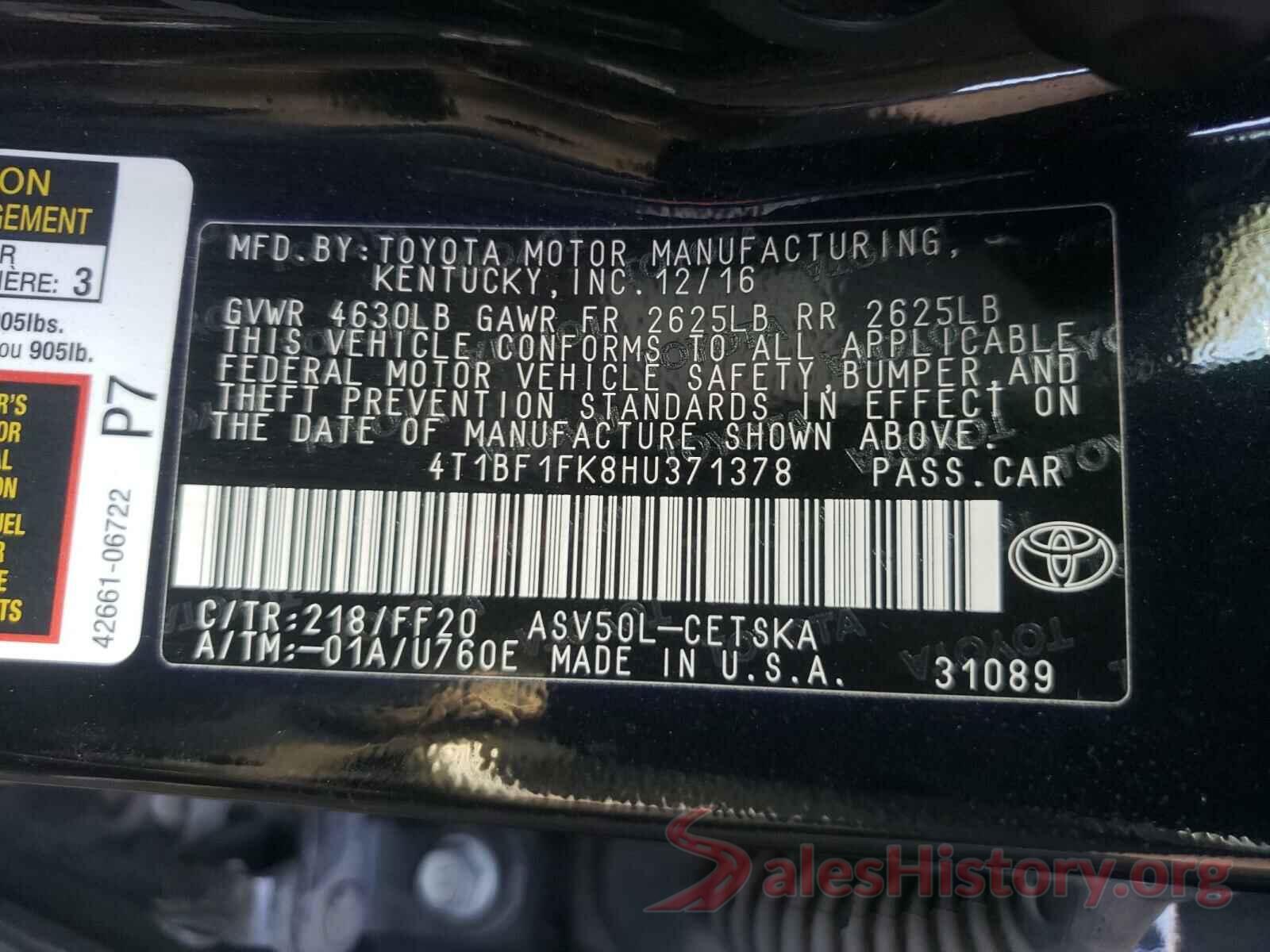 4T1BF1FK8HU371378 2017 TOYOTA CAMRY