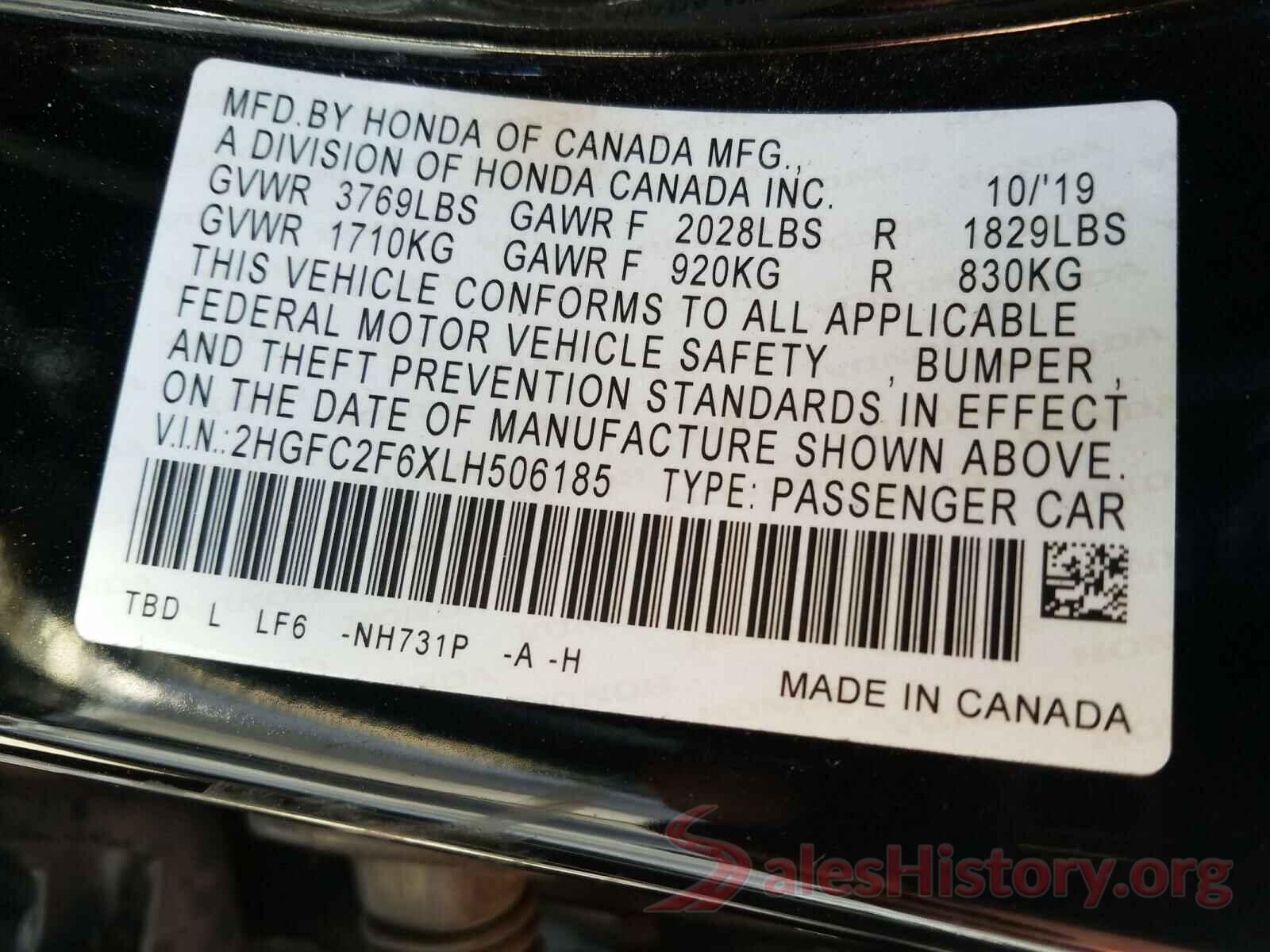 2HGFC2F6XLH506185 2020 HONDA CIVIC