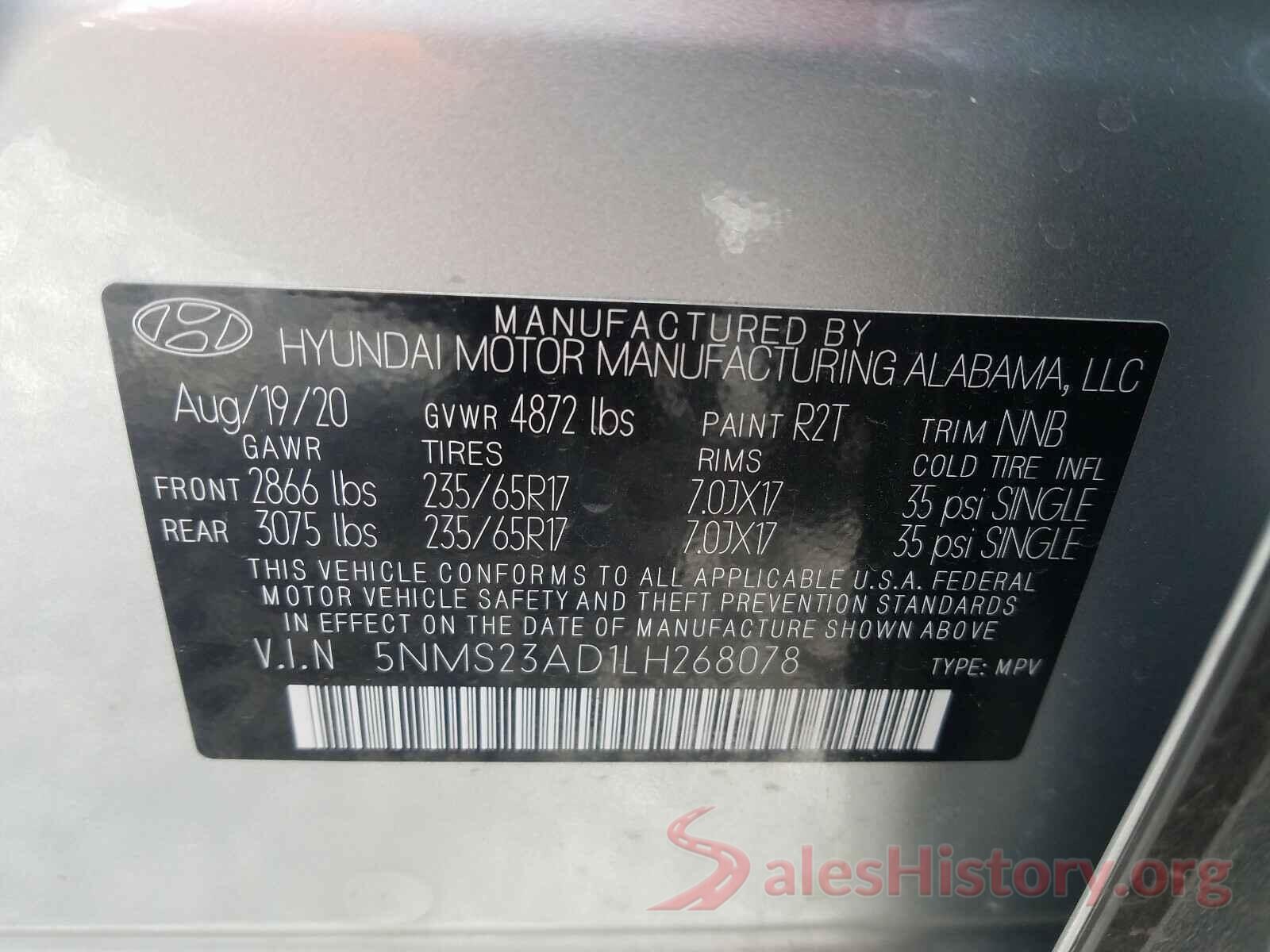 5NMS23AD1LH268078 2020 HYUNDAI SANTA FE