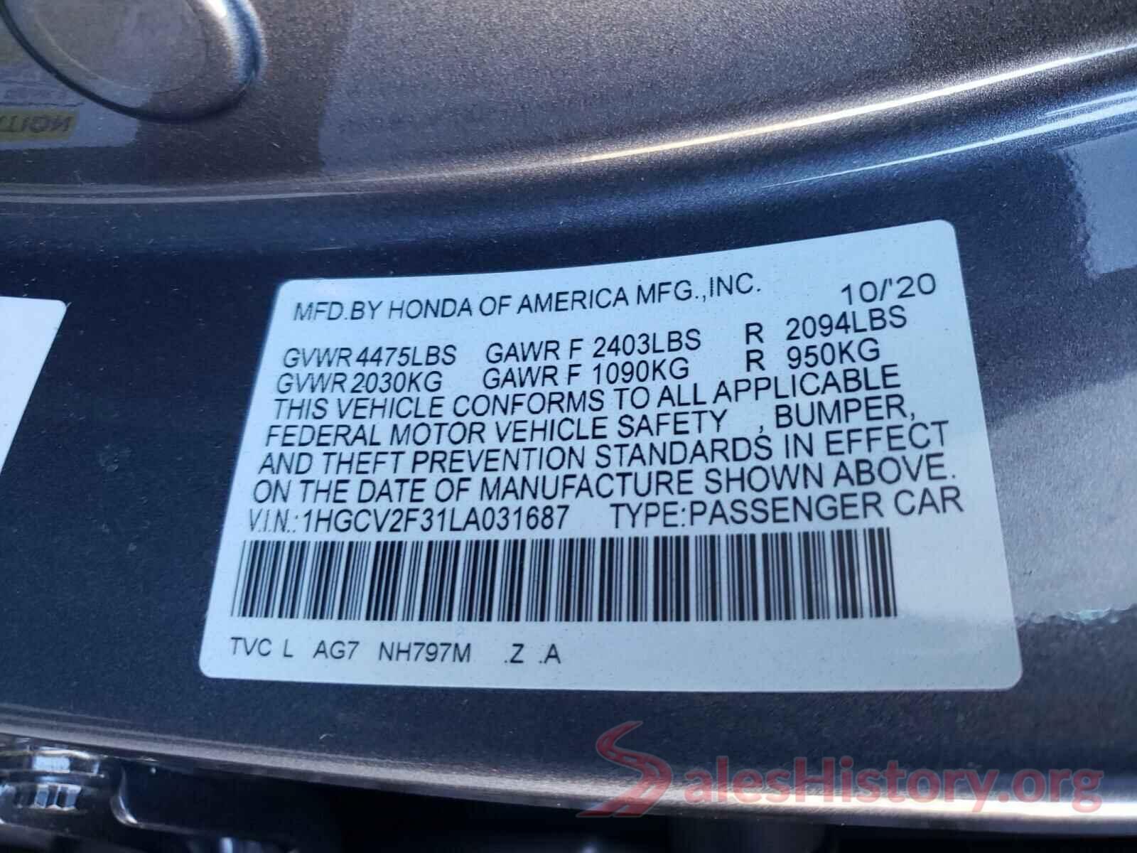 1HGCV2F31LA031687 2020 HONDA ACCORD