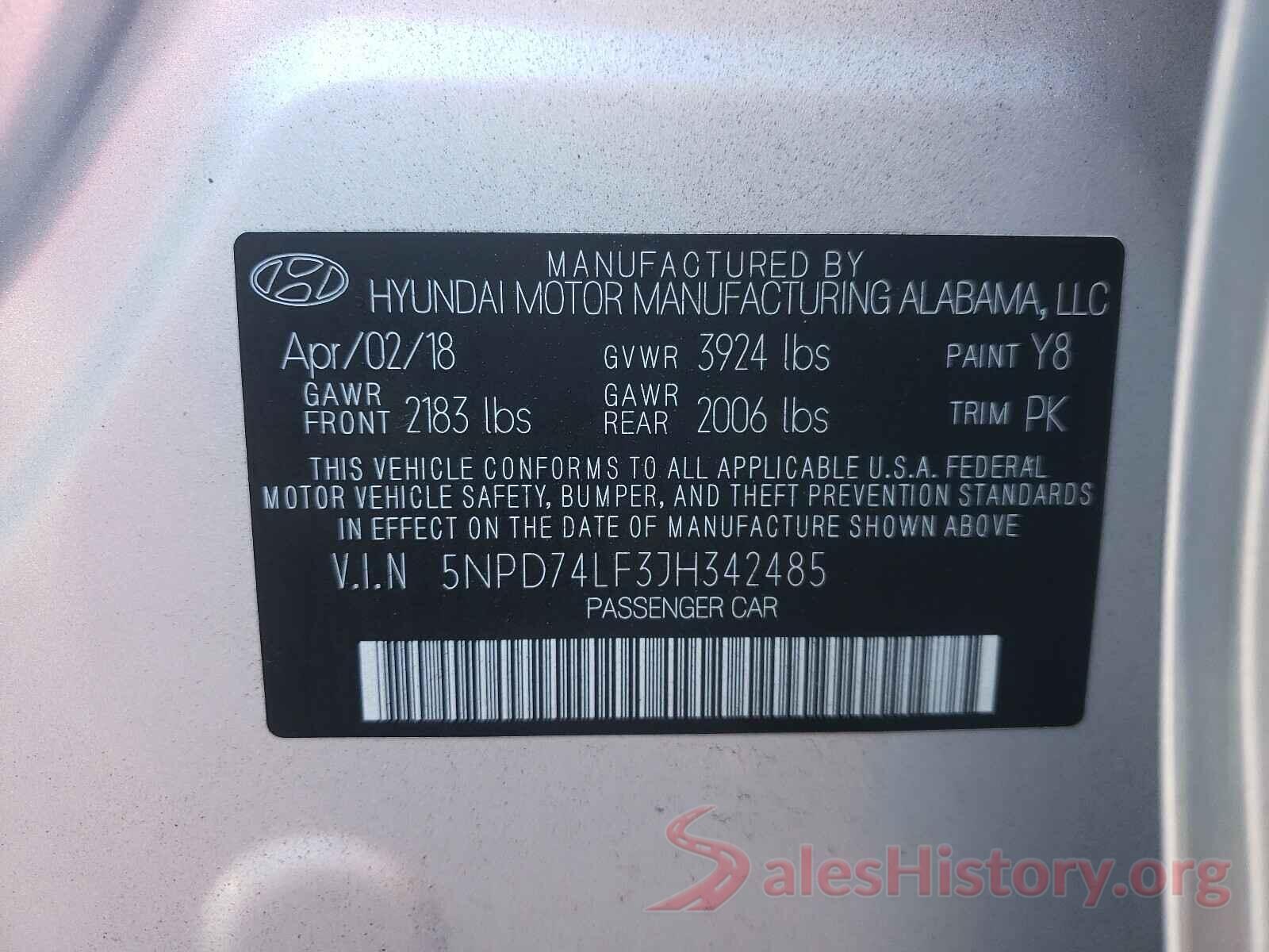 5NPD74LF3JH342485 2018 HYUNDAI ELANTRA