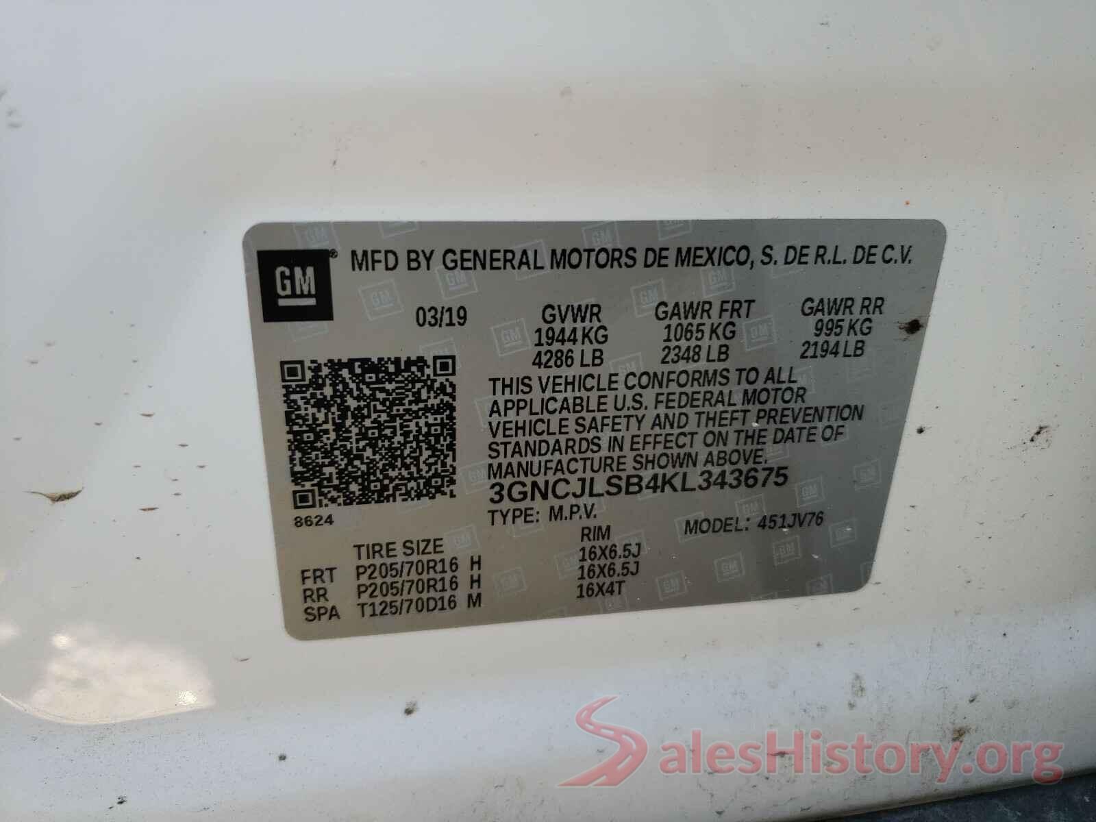 3GNCJLSB4KL343675 2019 CHEVROLET TRAX