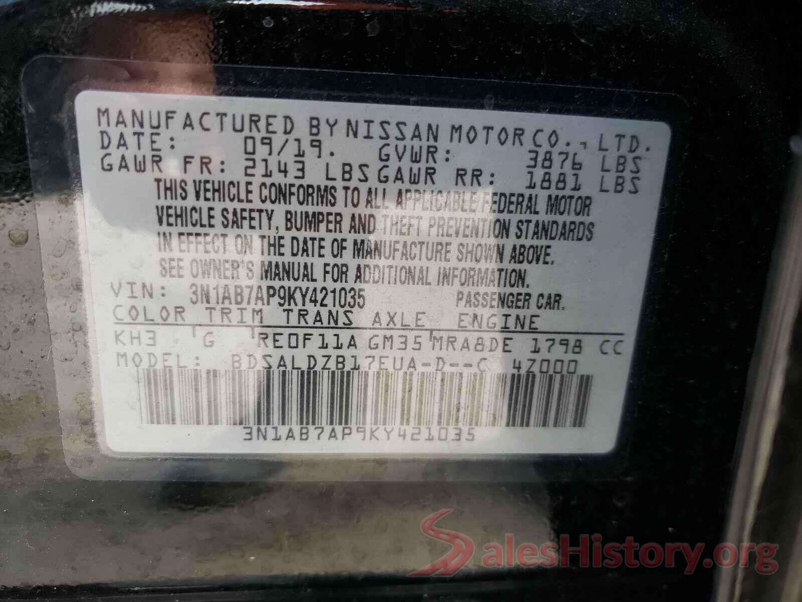 3N1AB7AP9KY421035 2019 NISSAN SENTRA