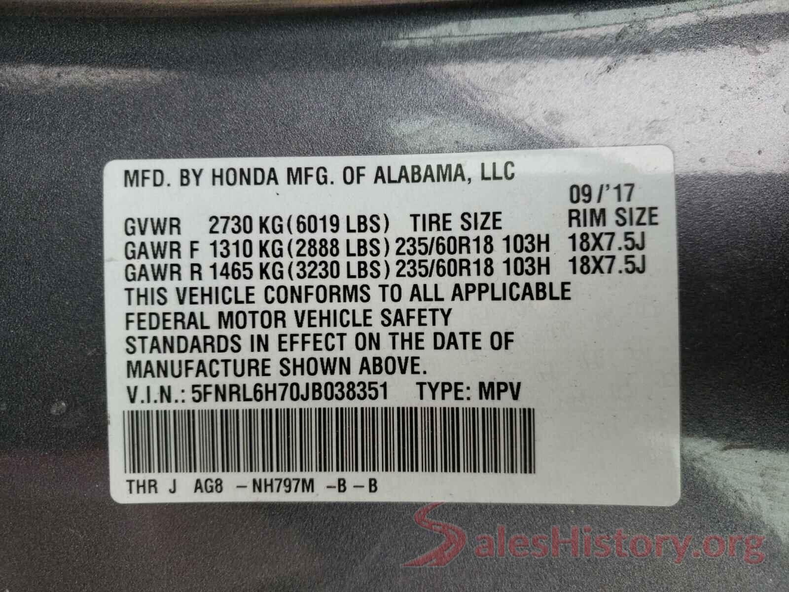 5FNRL6H70JB038351 2018 HONDA ODYSSEY