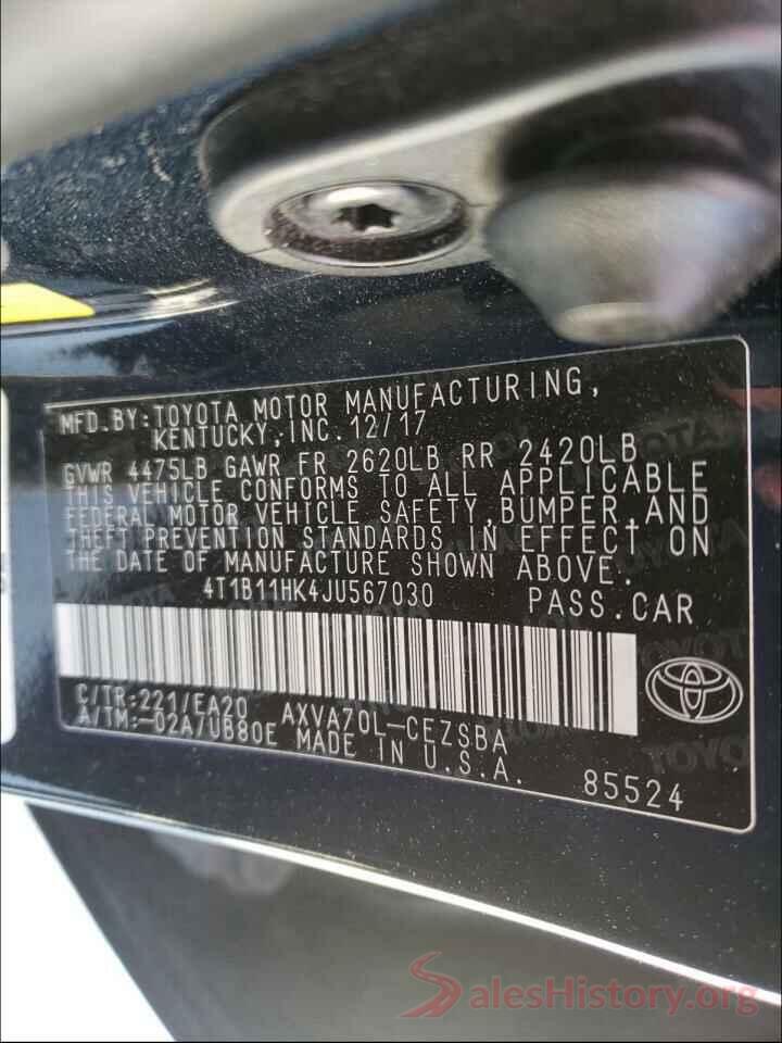 4T1B11HK4JU567030 2018 TOYOTA CAMRY