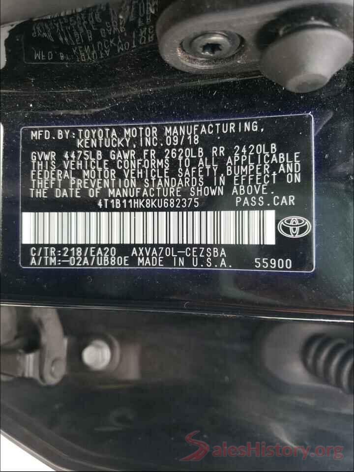 4T1B11HK8KU682375 2019 TOYOTA CAMRY