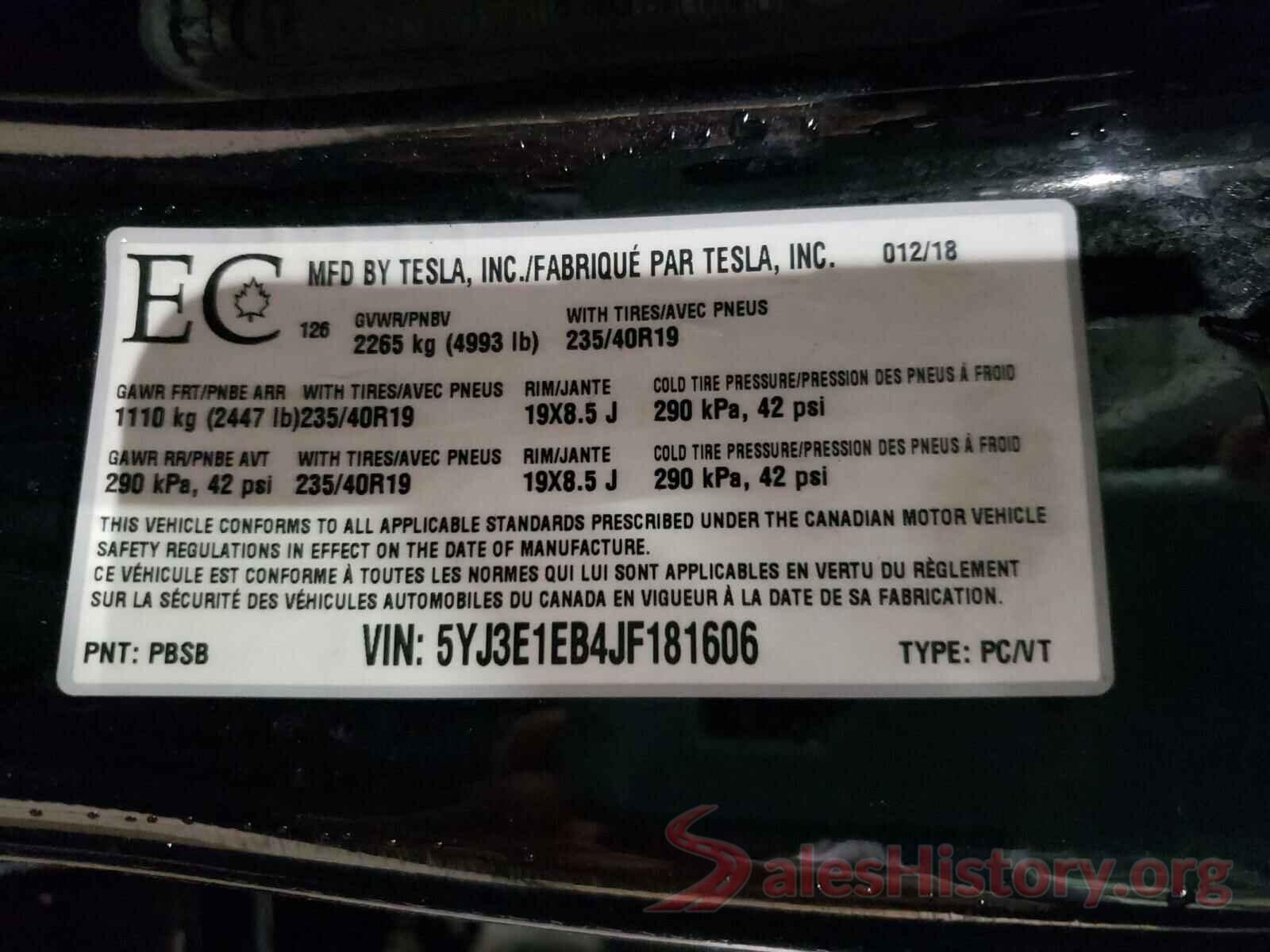 5YJ3E1EB4JF181606 2018 TESLA MODEL 3