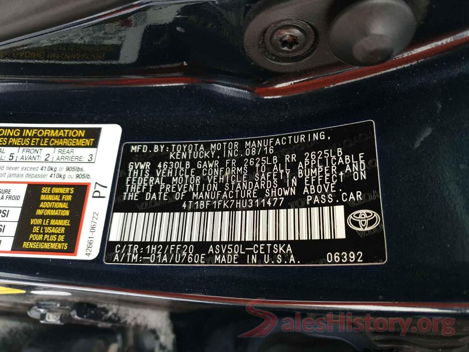 4T1BF1FK7HU311477 2017 TOYOTA CAMRY