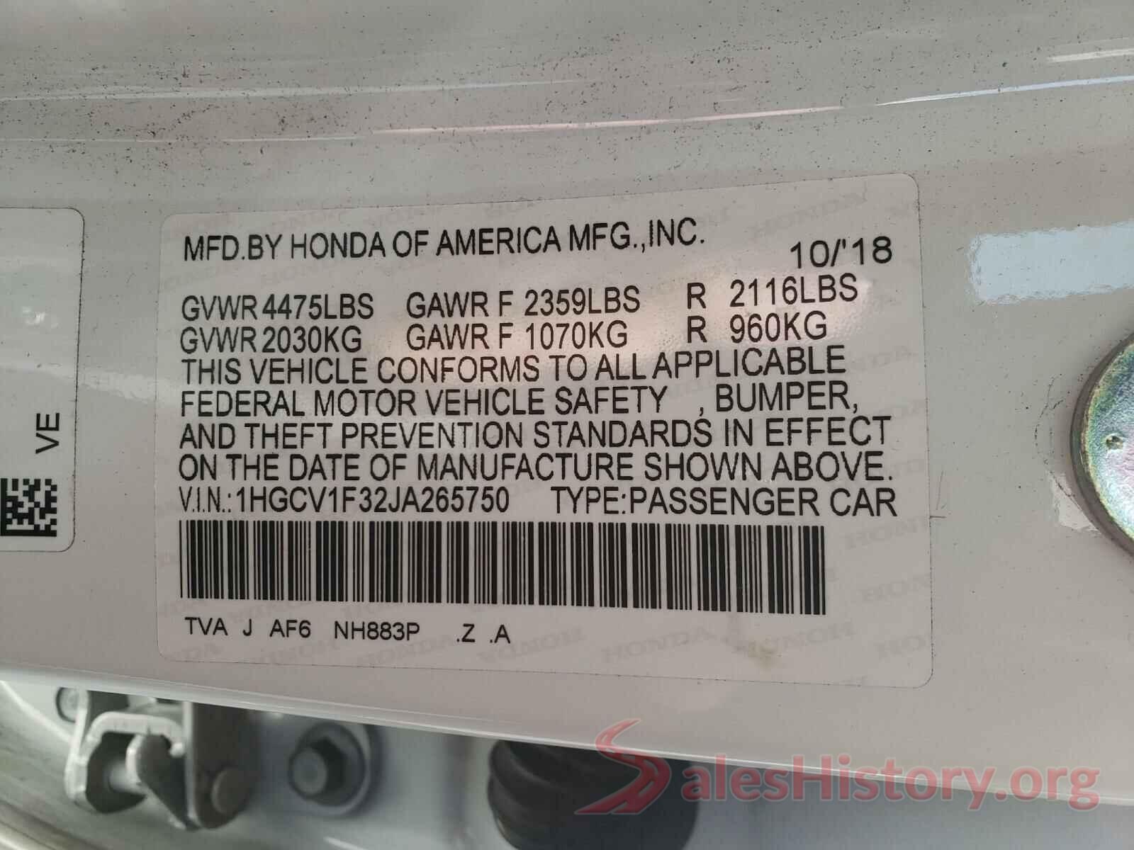 1HGCV1F32JA265750 2018 HONDA ACCORD