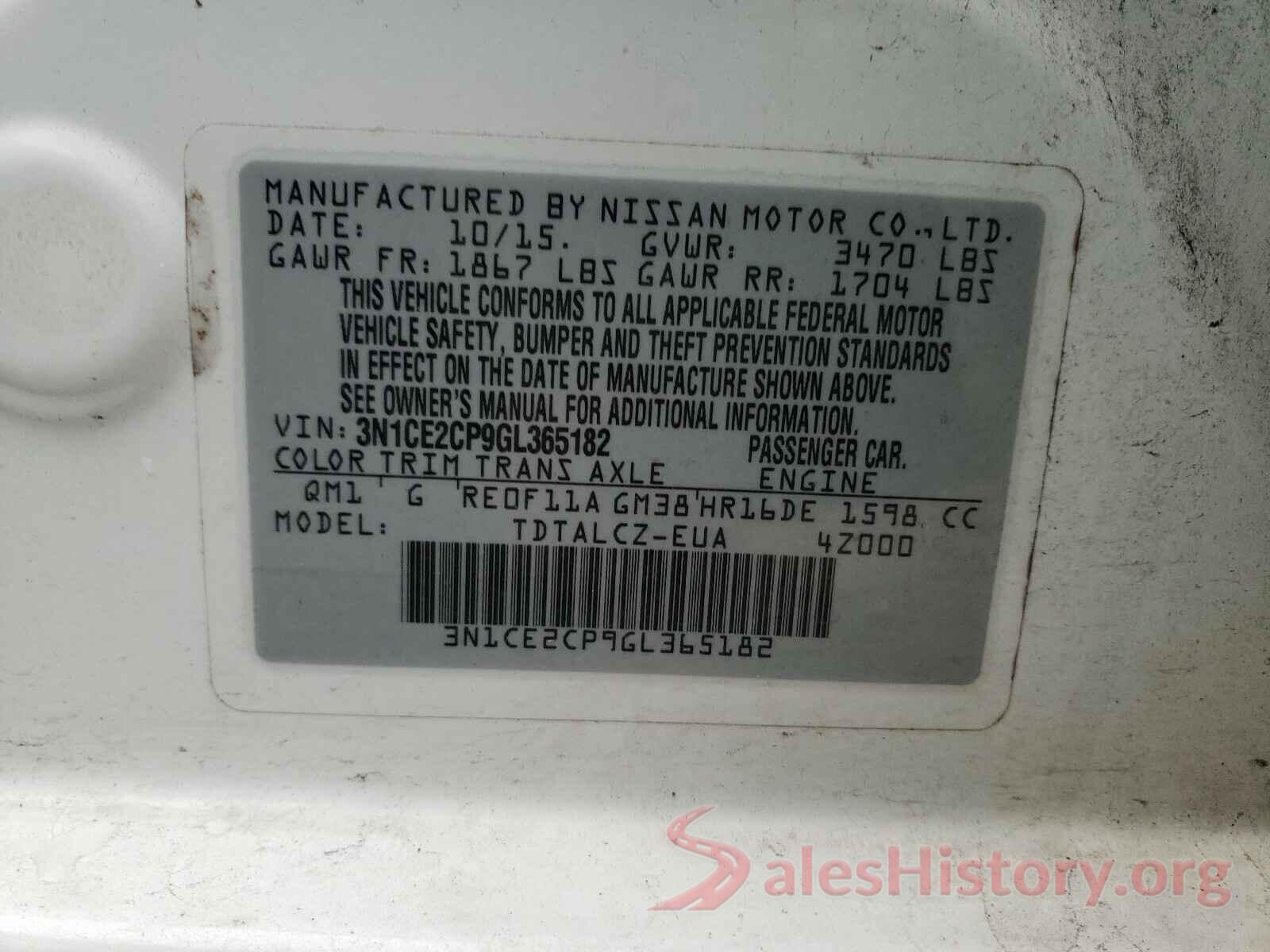 3N1CE2CP9GL365182 2016 NISSAN VERSA