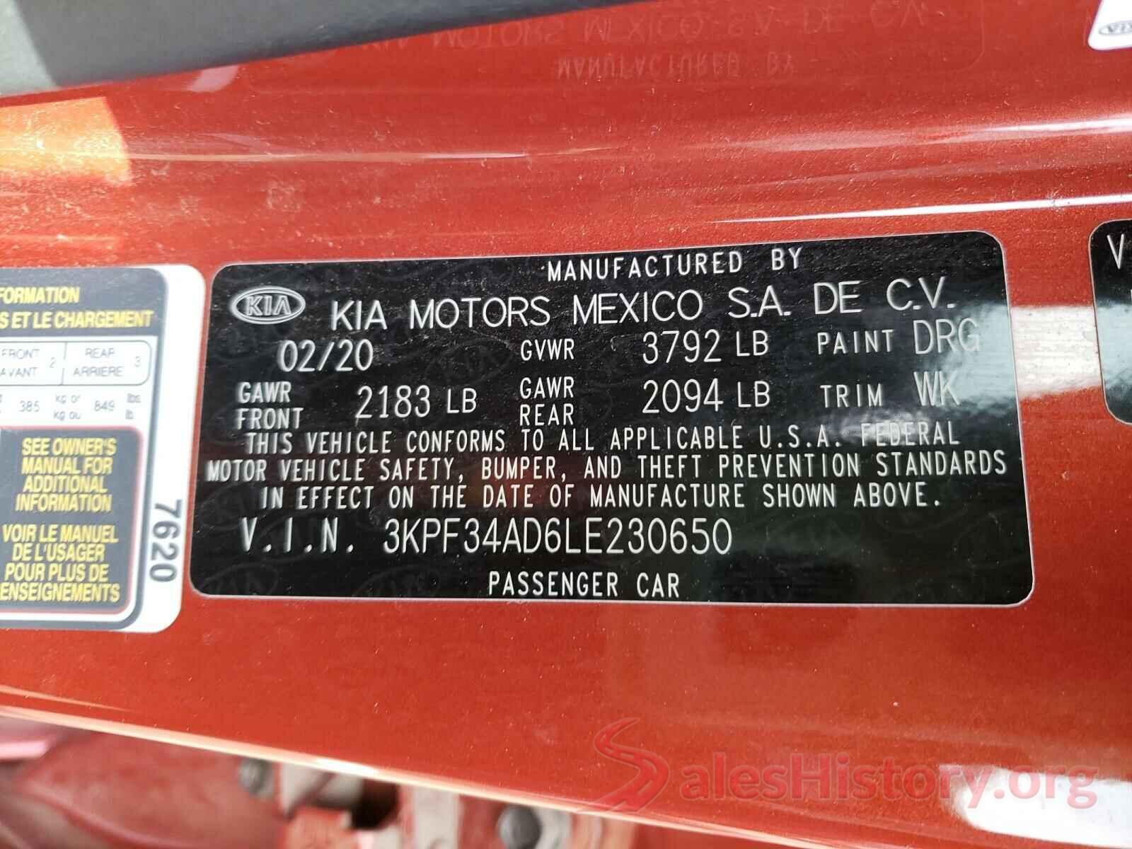 3KPF34AD6LE230650 2020 KIA FORTE