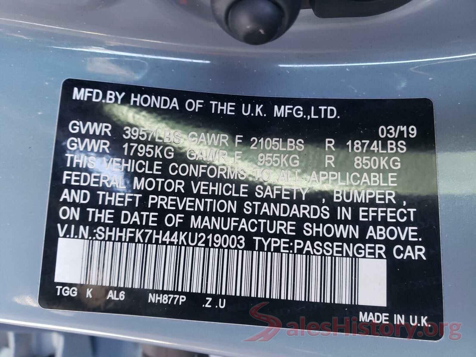 SHHFK7H44KU219003 2019 HONDA CIVIC