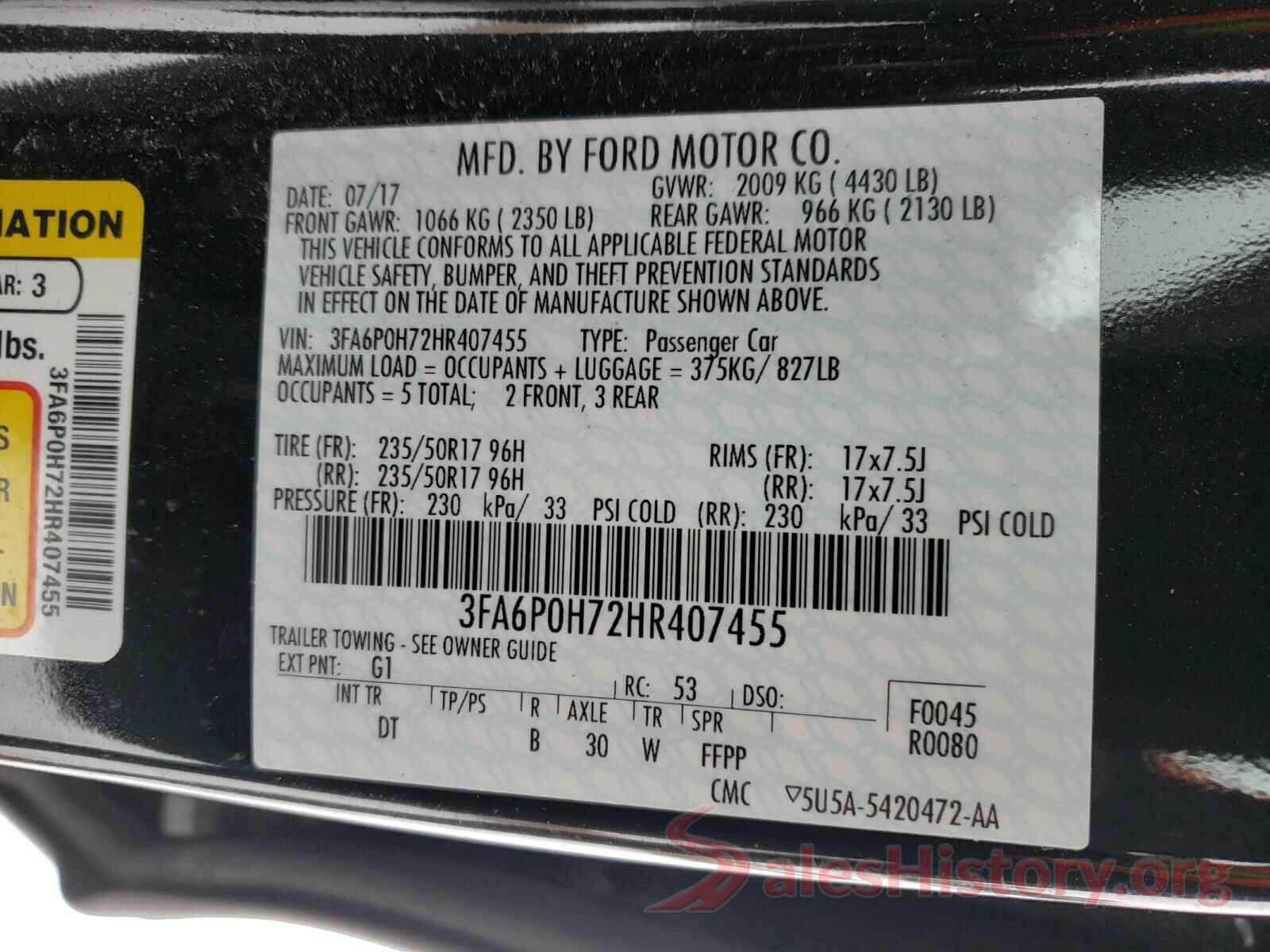 3FA6P0H72HR407455 2017 FORD FUSION