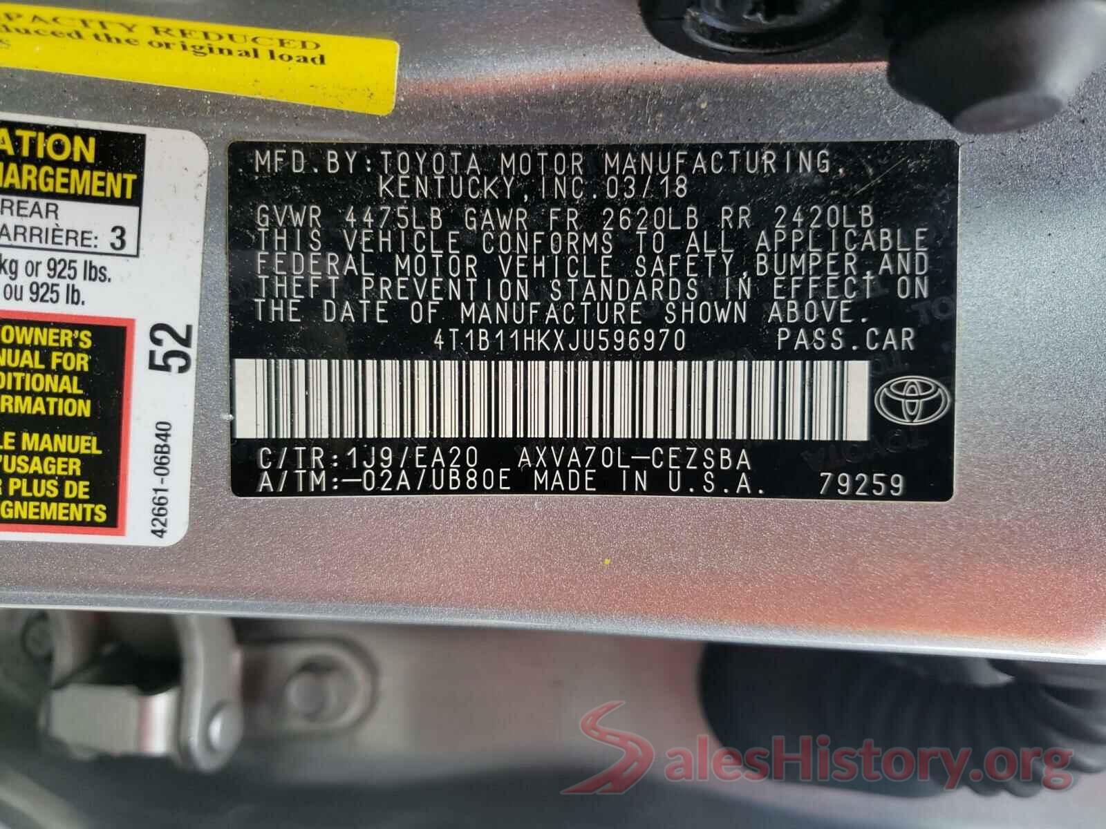 4T1B11HKXJU596970 2018 TOYOTA CAMRY