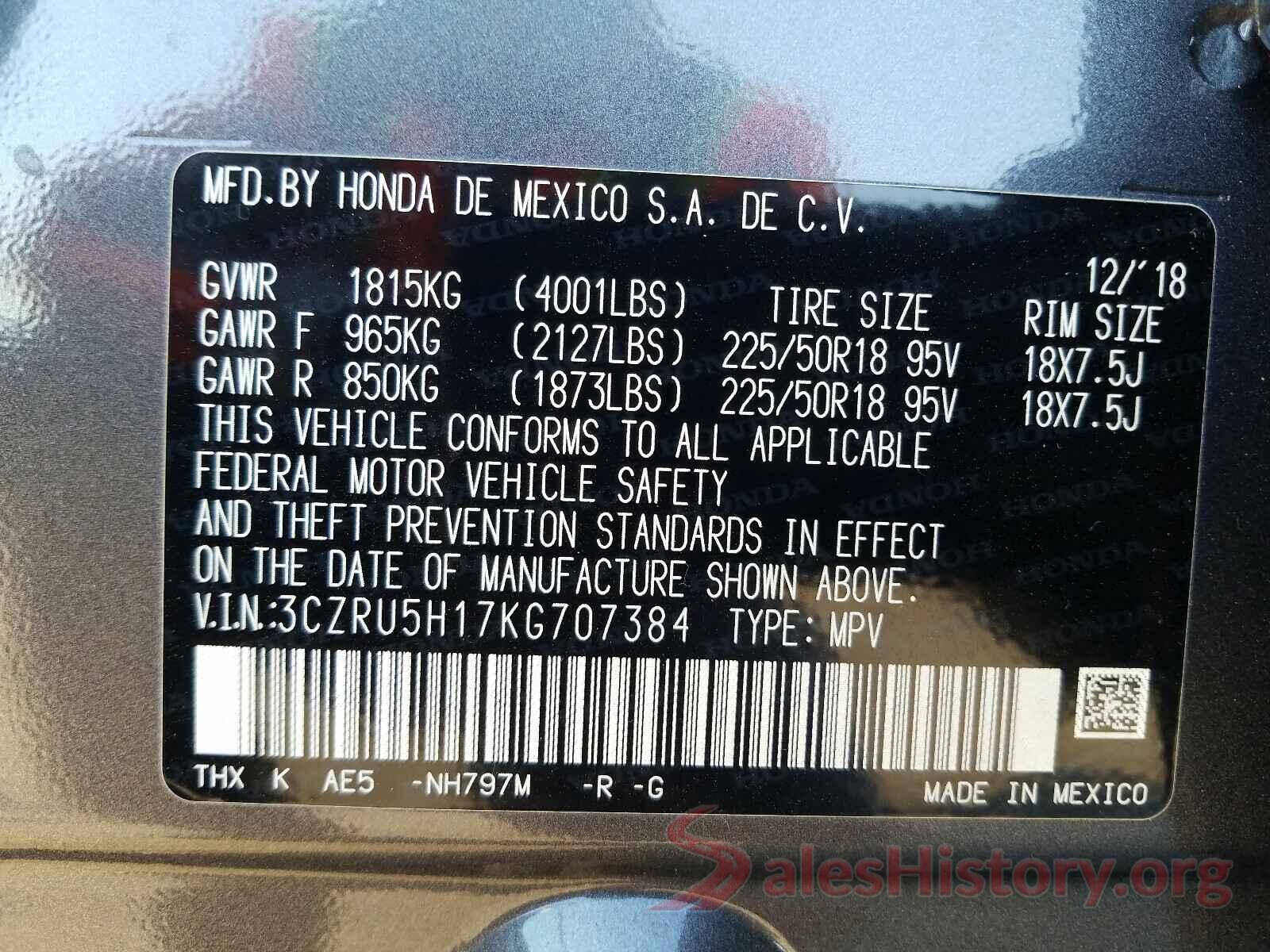 3CZRU5H17KG707384 2019 HONDA HR-V