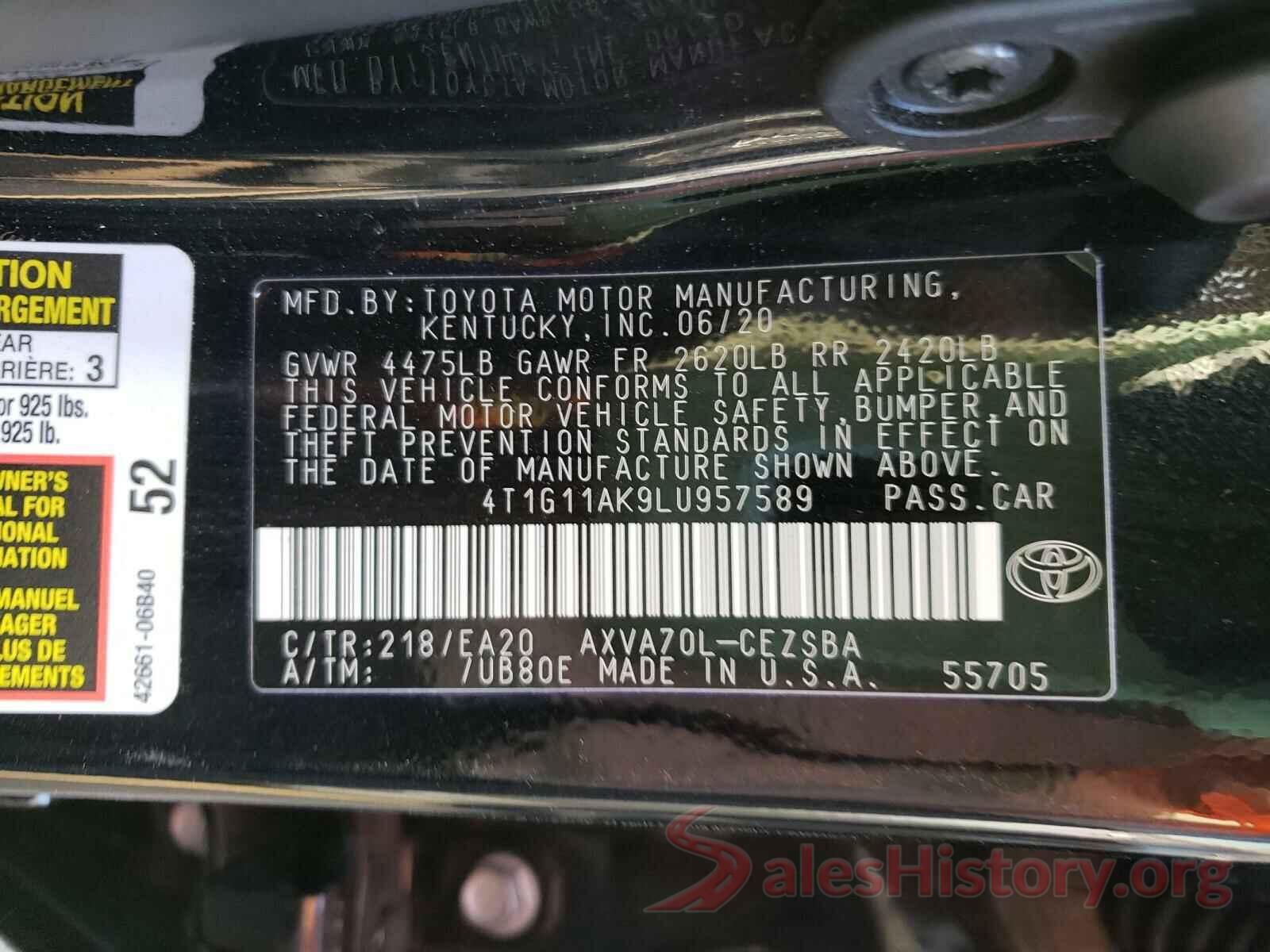 4T1G11AK9LU957589 2020 TOYOTA CAMRY