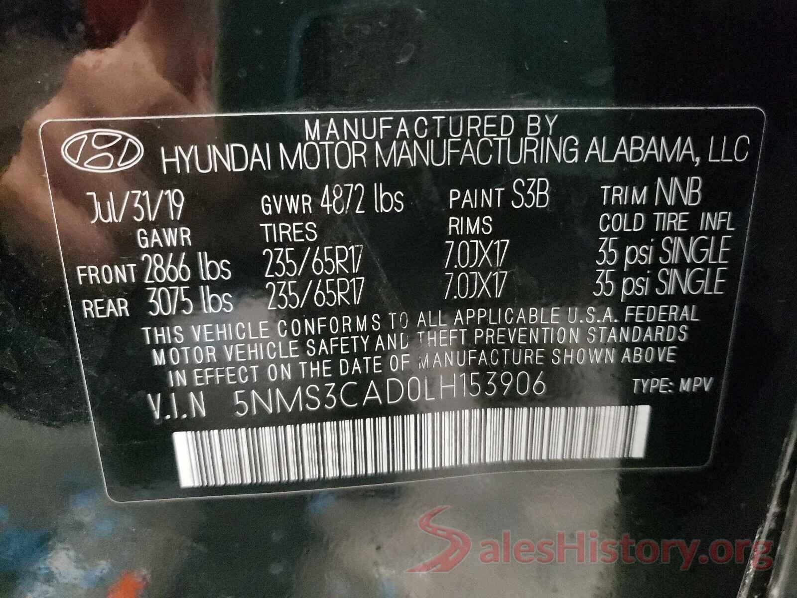 5NMS3CAD0LH153906 2020 HYUNDAI SANTA FE