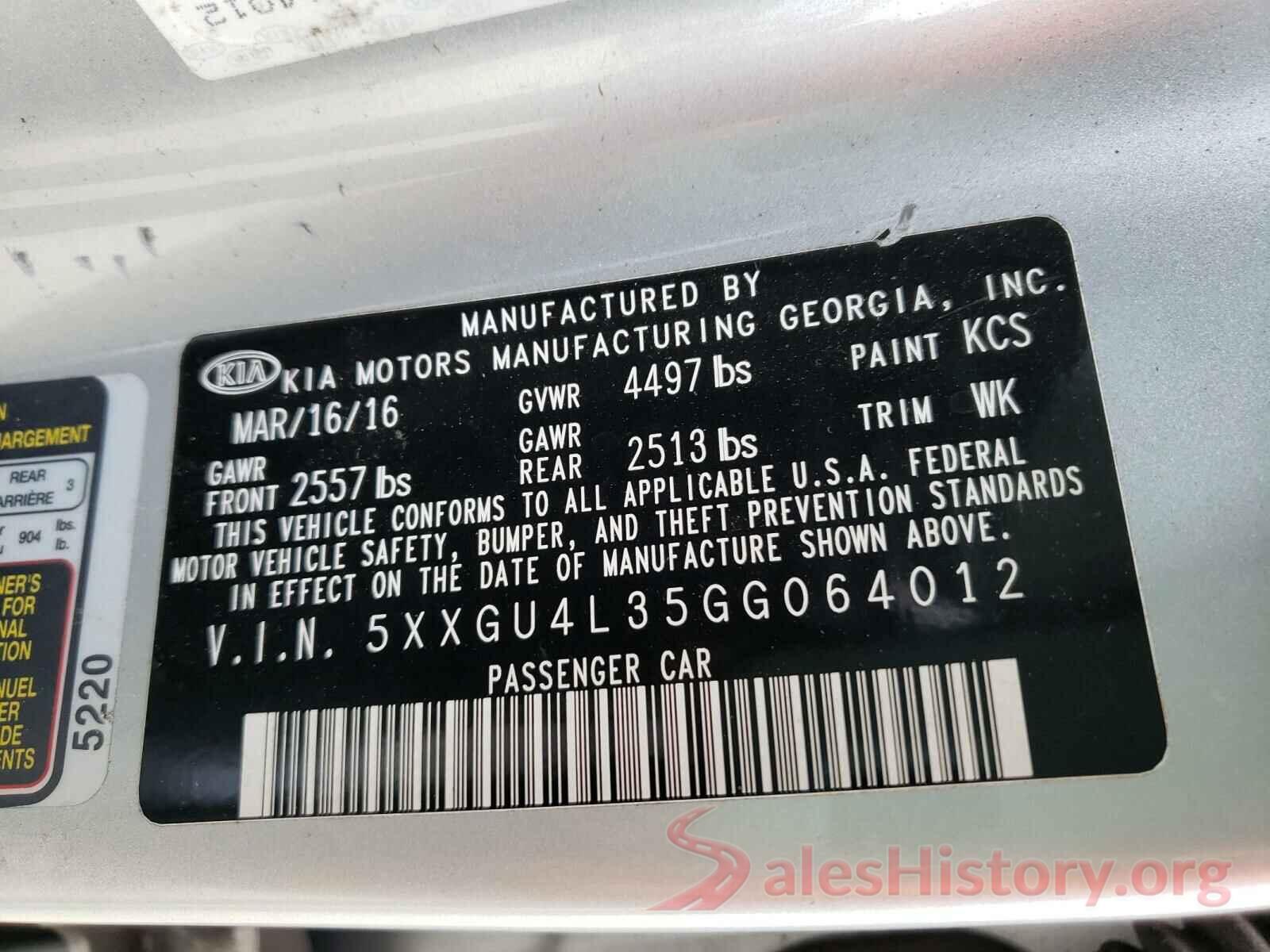 5XXGU4L35GG064012 2016 KIA OPTIMA