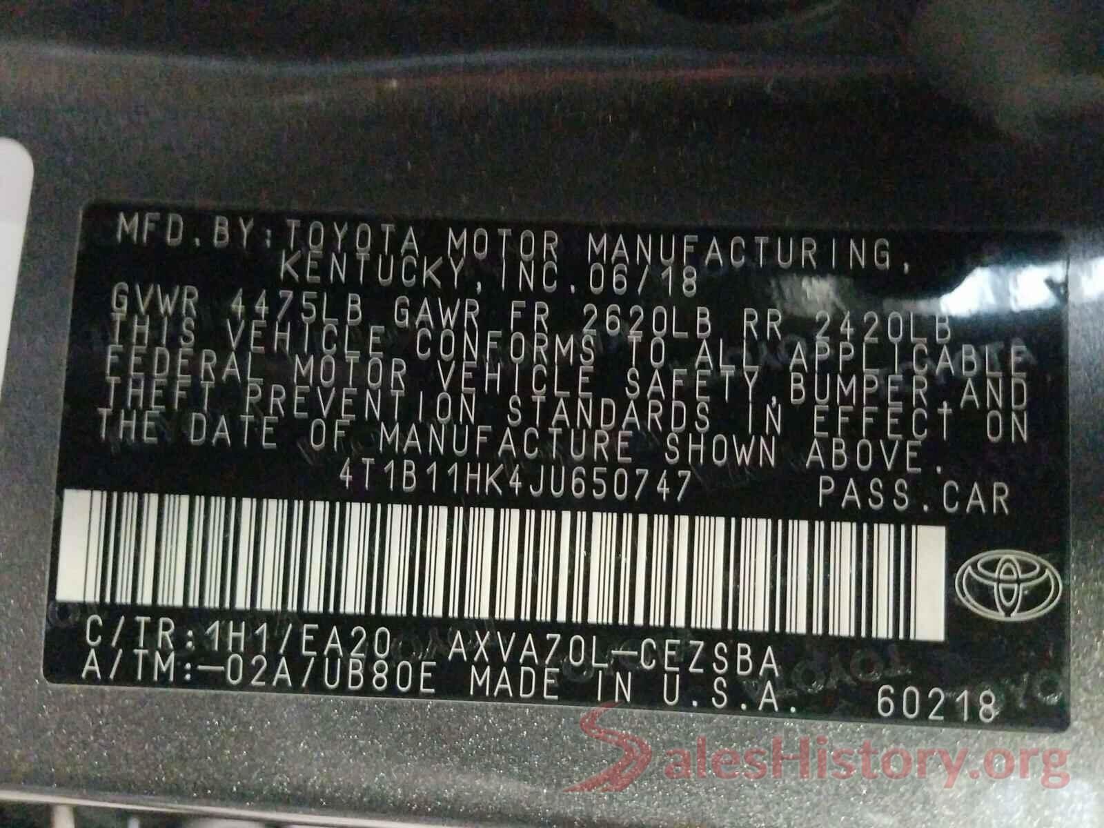 4T1B11HK4JU650747 2018 TOYOTA CAMRY