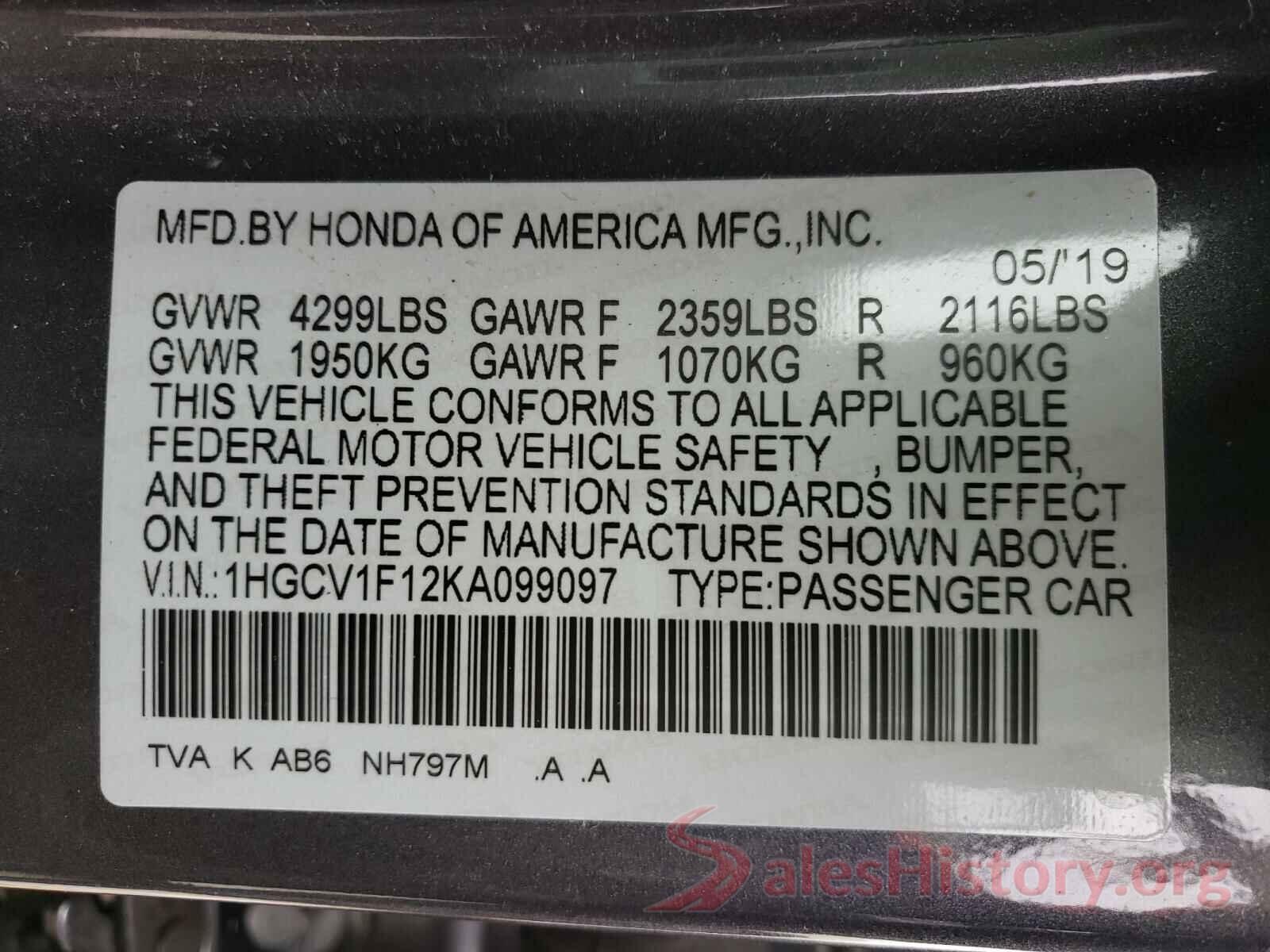 1HGCV1F12KA099097 2019 HONDA ACCORD