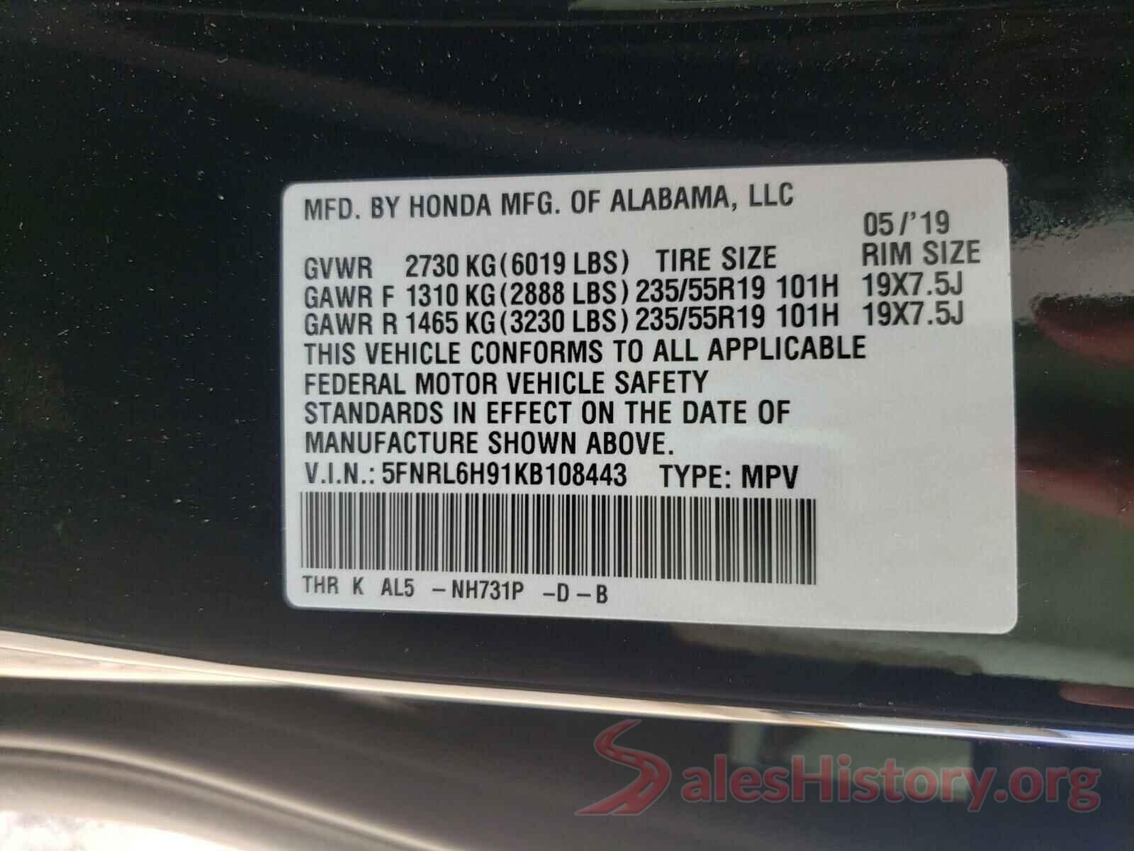 5FNRL6H91KB108443 2019 HONDA ODYSSEY