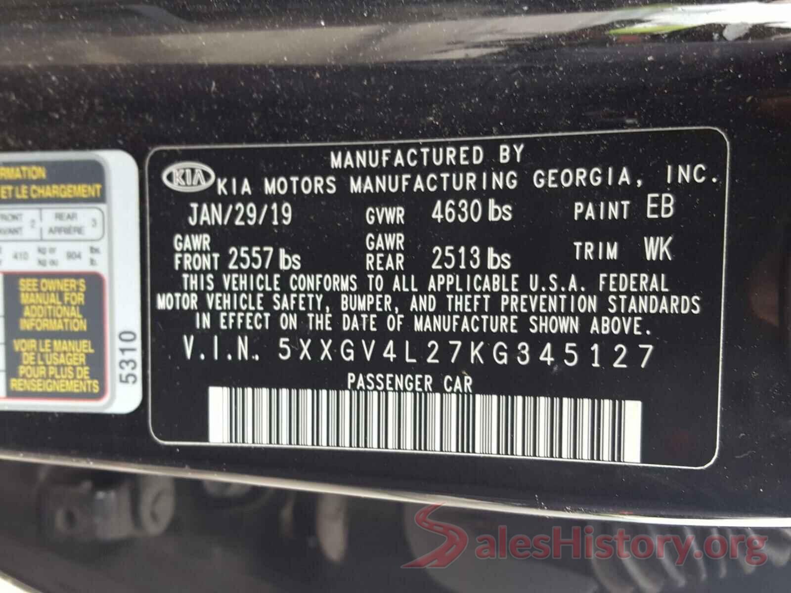 5XXGV4L27KG345127 2019 KIA OPTIMA