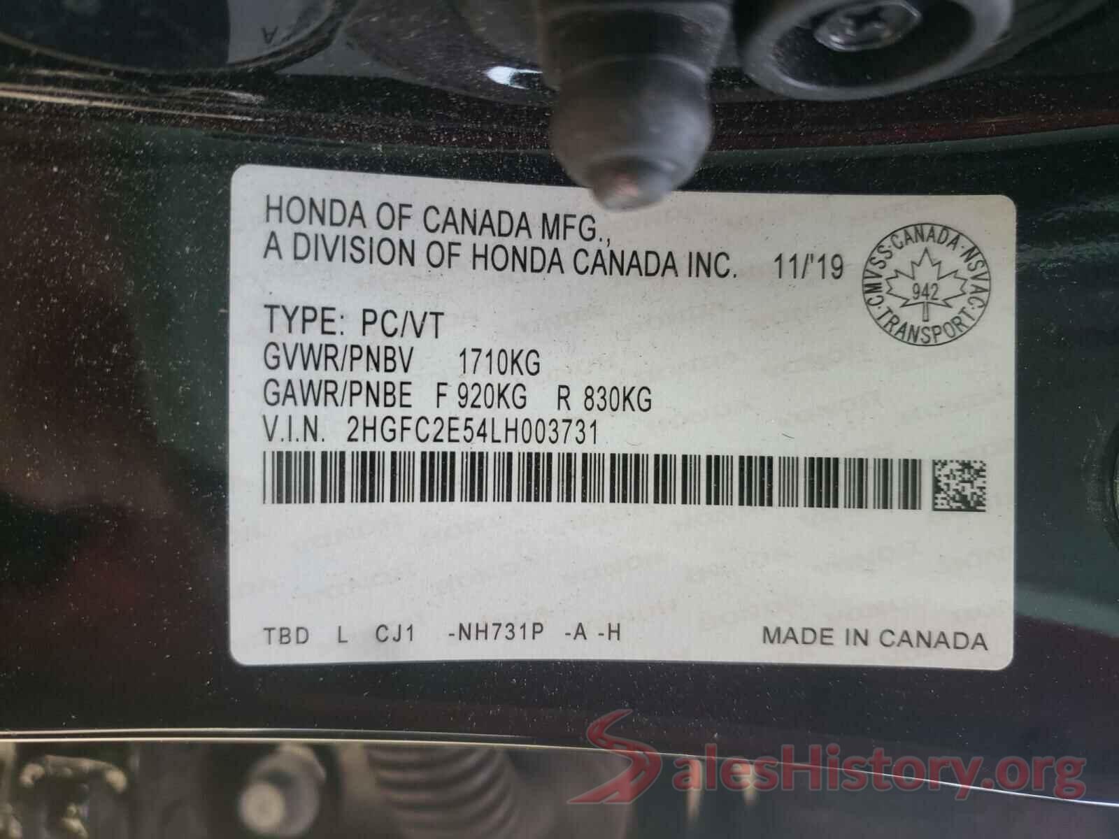 2HGFC2E54LH003731 2020 HONDA CIVIC