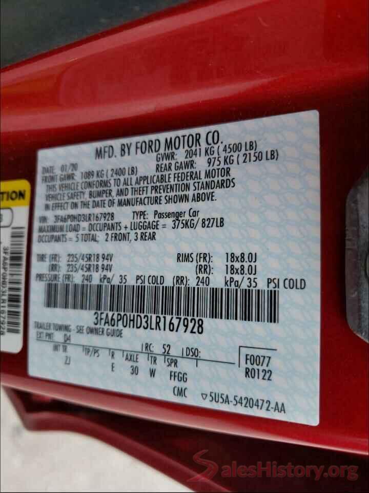 3FA6P0HD3LR167928 2020 FORD FUSION