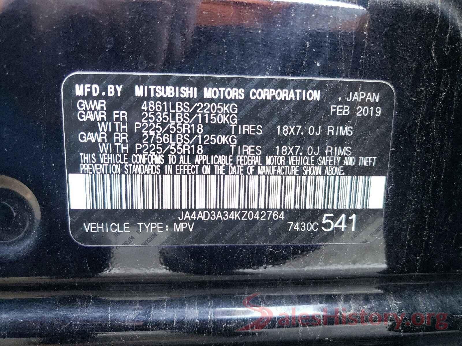 JA4AD3A34KZ042764 2019 MITSUBISHI OUTLANDER