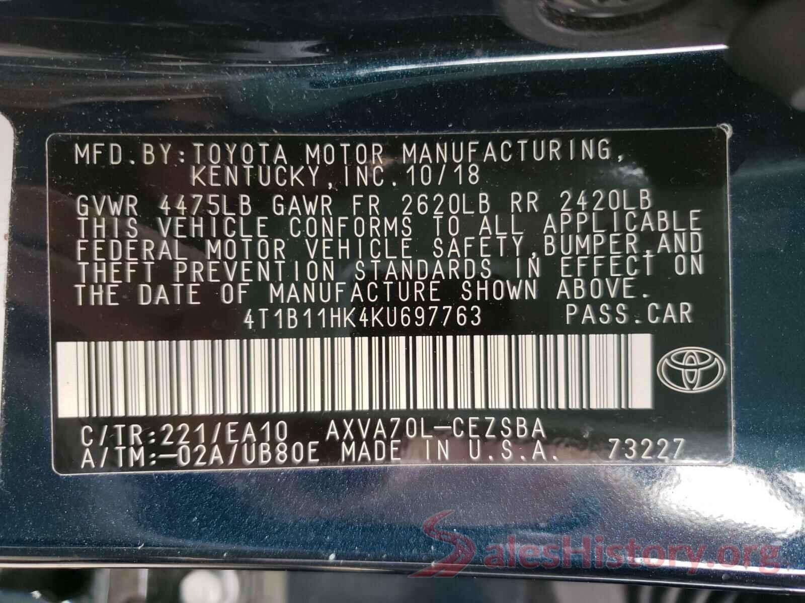 4T1B11HK4KU697763 2019 TOYOTA CAMRY