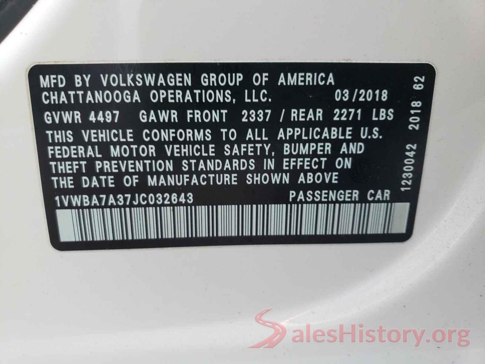 1VWBA7A37JC032643 2018 VOLKSWAGEN PASSAT