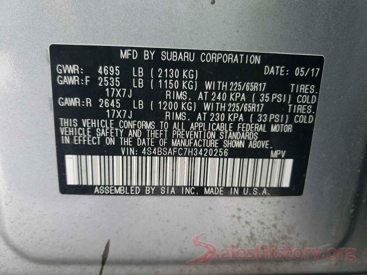 4S4BSAFC7H3420256 2017 SUBARU OUTBACK