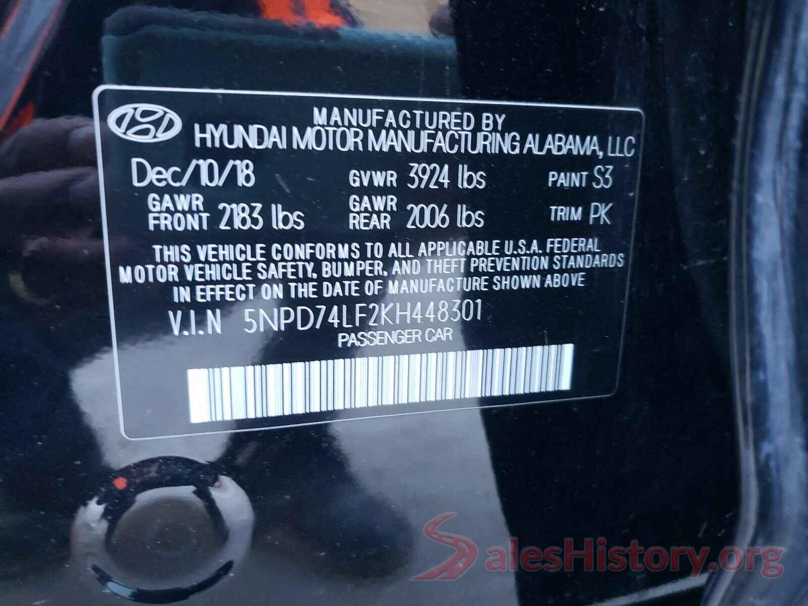 5NPD74LF2KH448301 2019 HYUNDAI ELANTRA