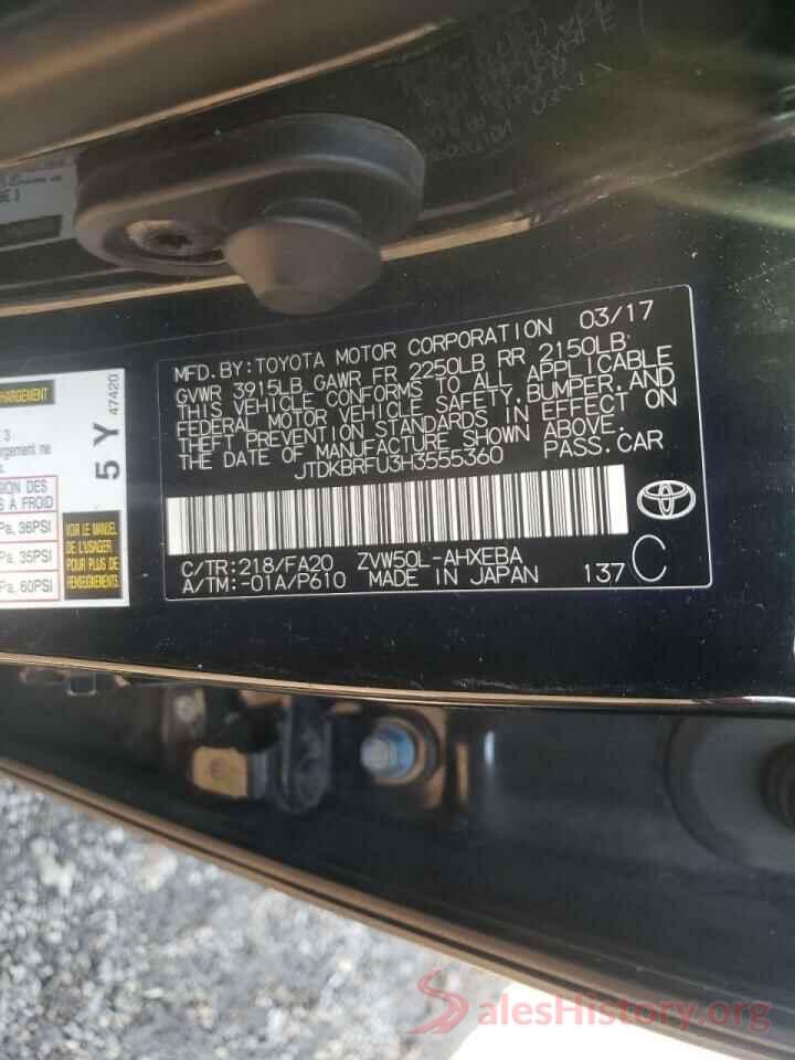 JTDKBRFU3H3555360 2017 TOYOTA PRIUS