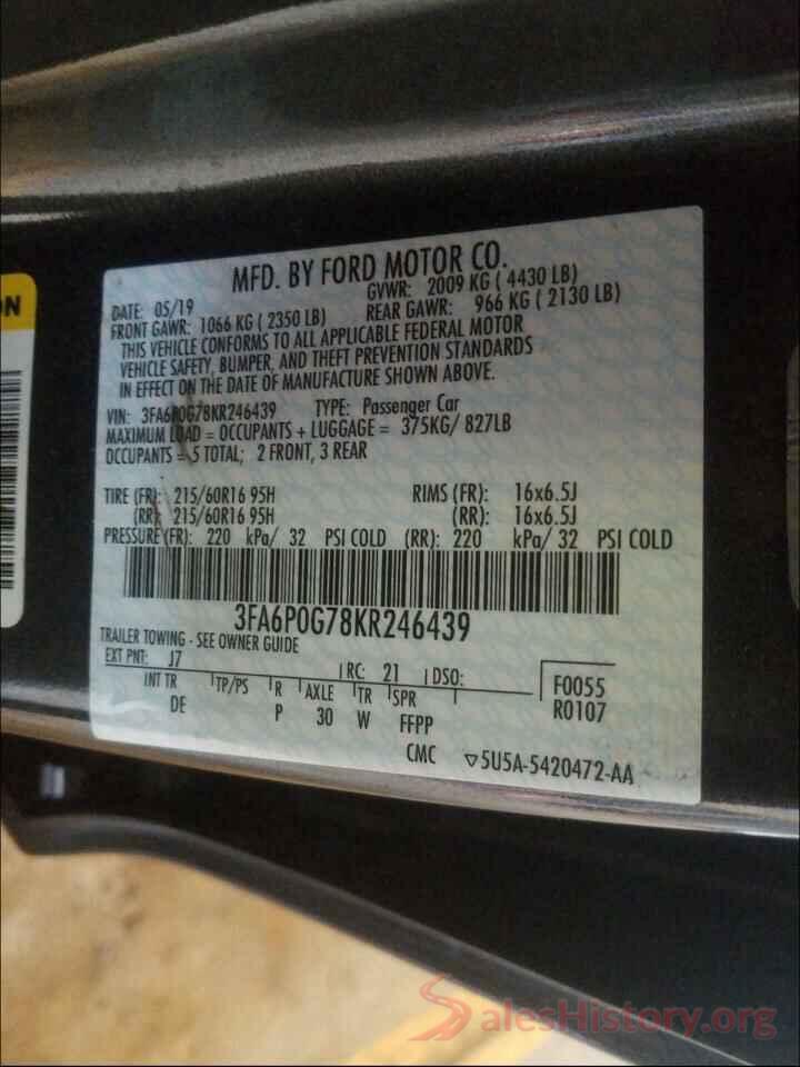 3FA6P0G78KR246439 2019 FORD FUSION