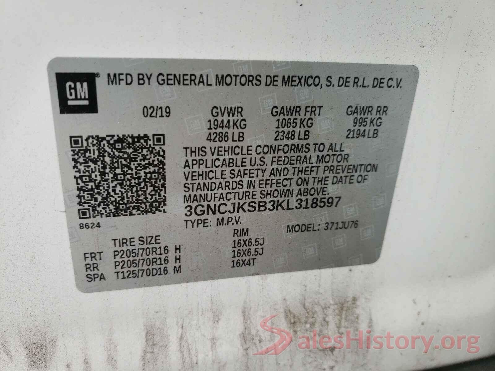 3GNCJKSB3KL318597 2019 CHEVROLET TRAX