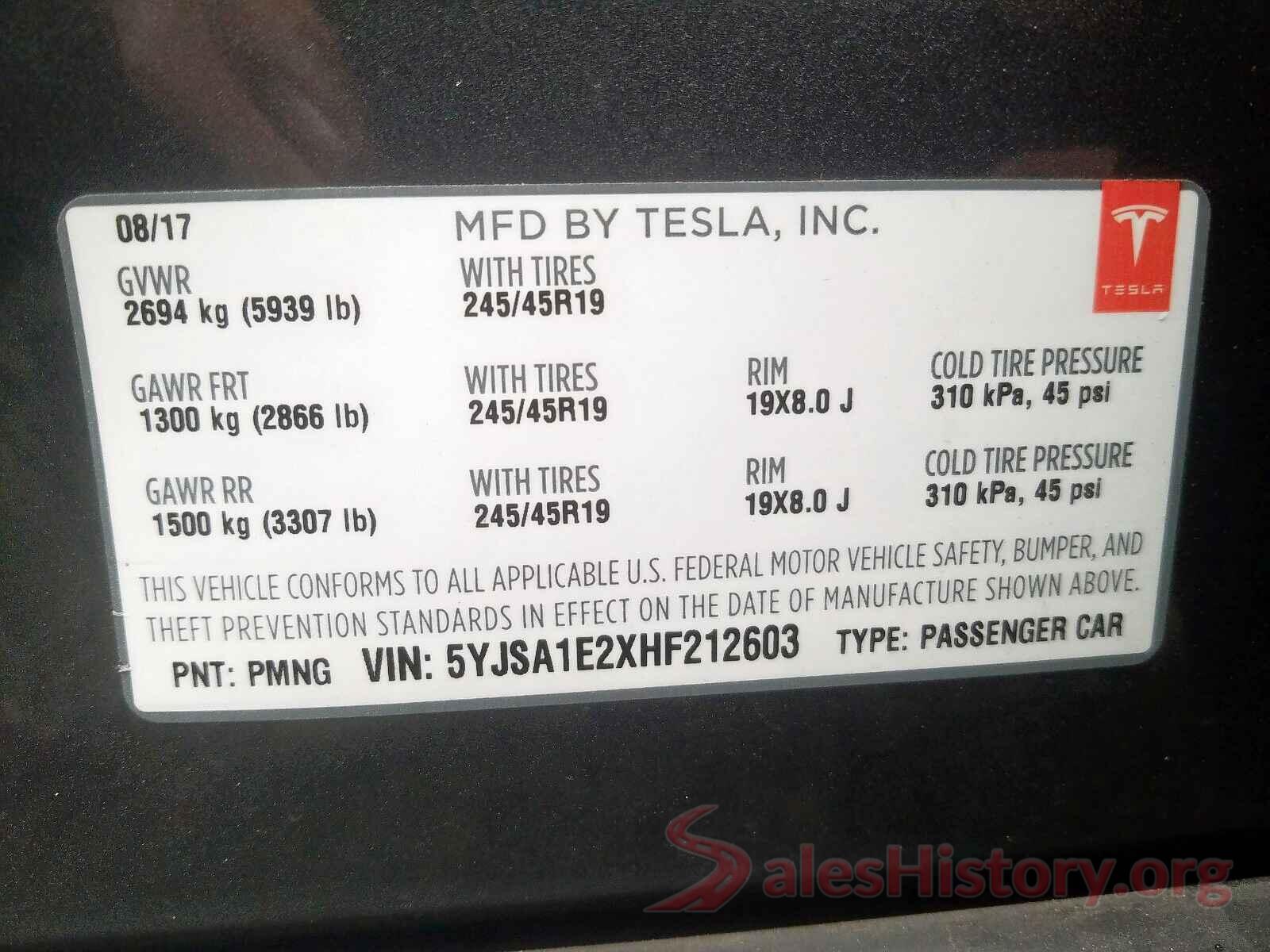 5YJSA1E2XHF212603 2017 TESLA MODEL S