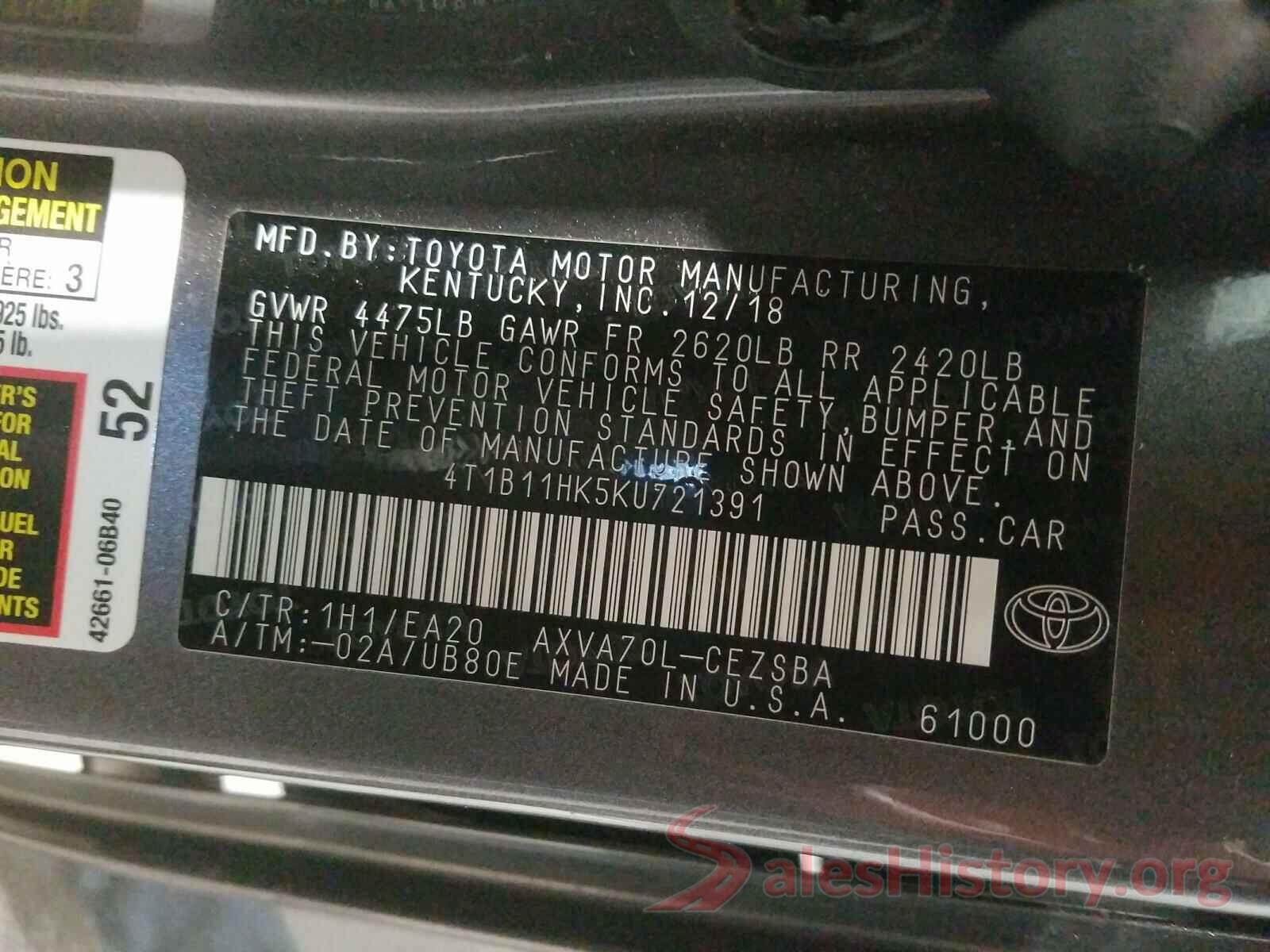 4T1B11HK5KU721391 2019 TOYOTA CAMRY