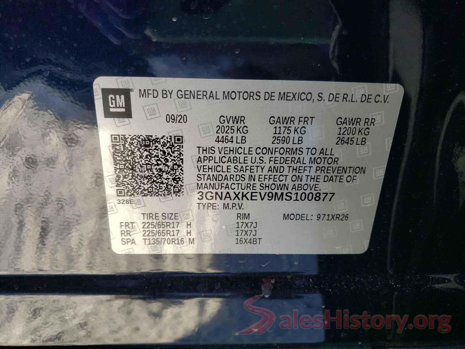 3GNAXKEV9MS100877 2021 CHEVROLET EQUINOX