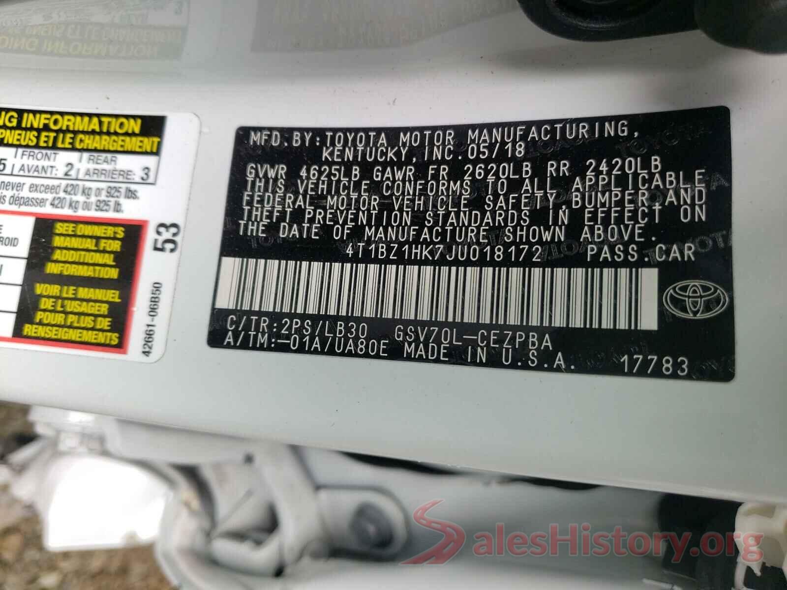 4T1BZ1HK7JU018172 2018 TOYOTA CAMRY