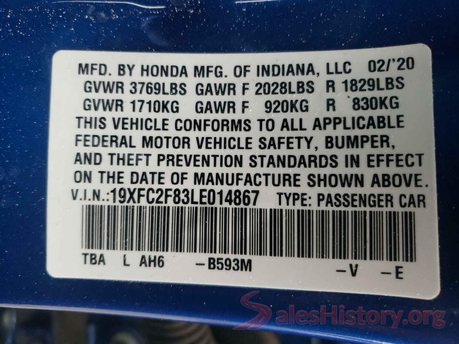 19XFC2F83LE014867 2020 HONDA CIVIC