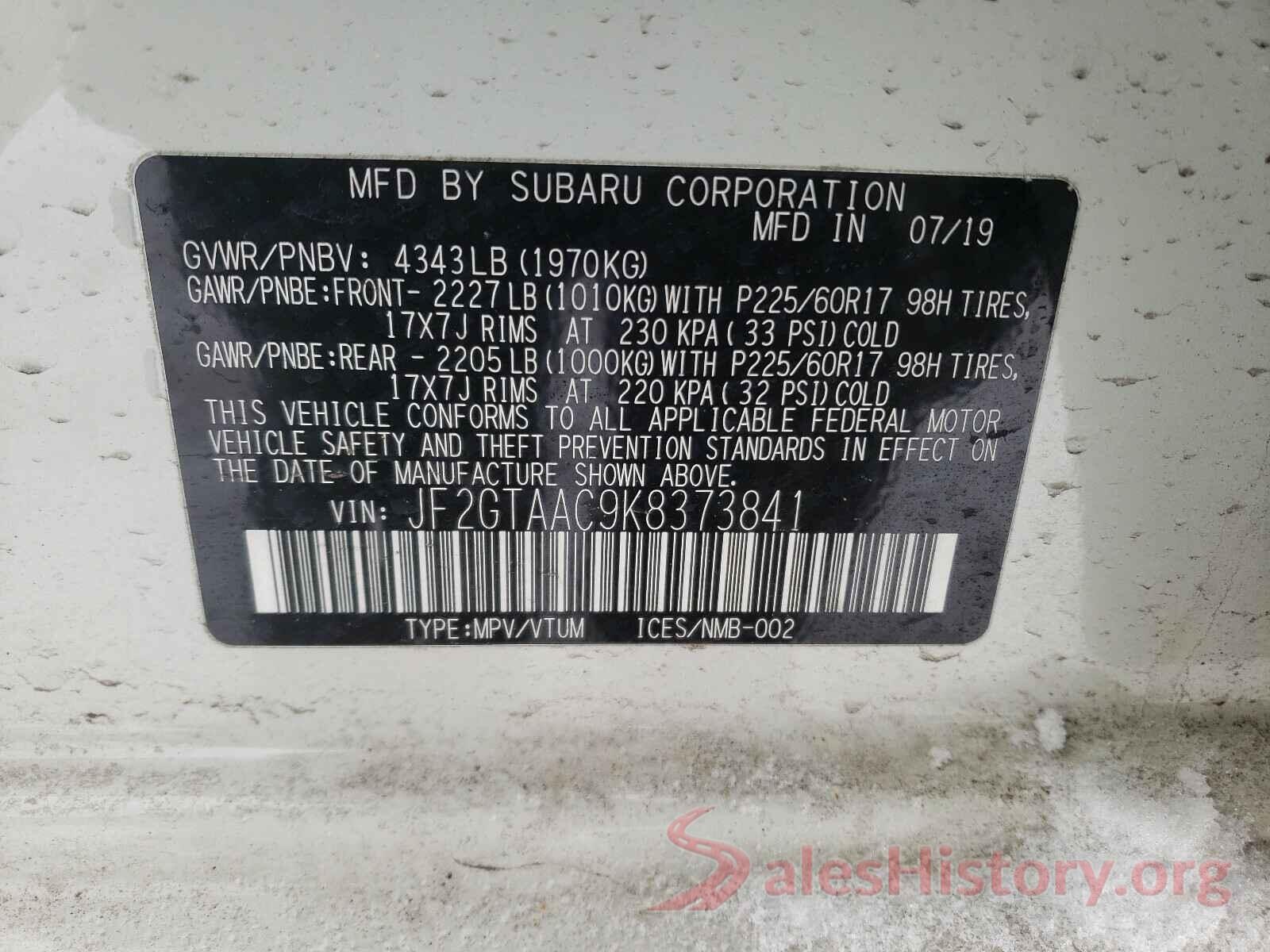 JF2GTAAC9K8373841 2019 SUBARU CROSSTREK